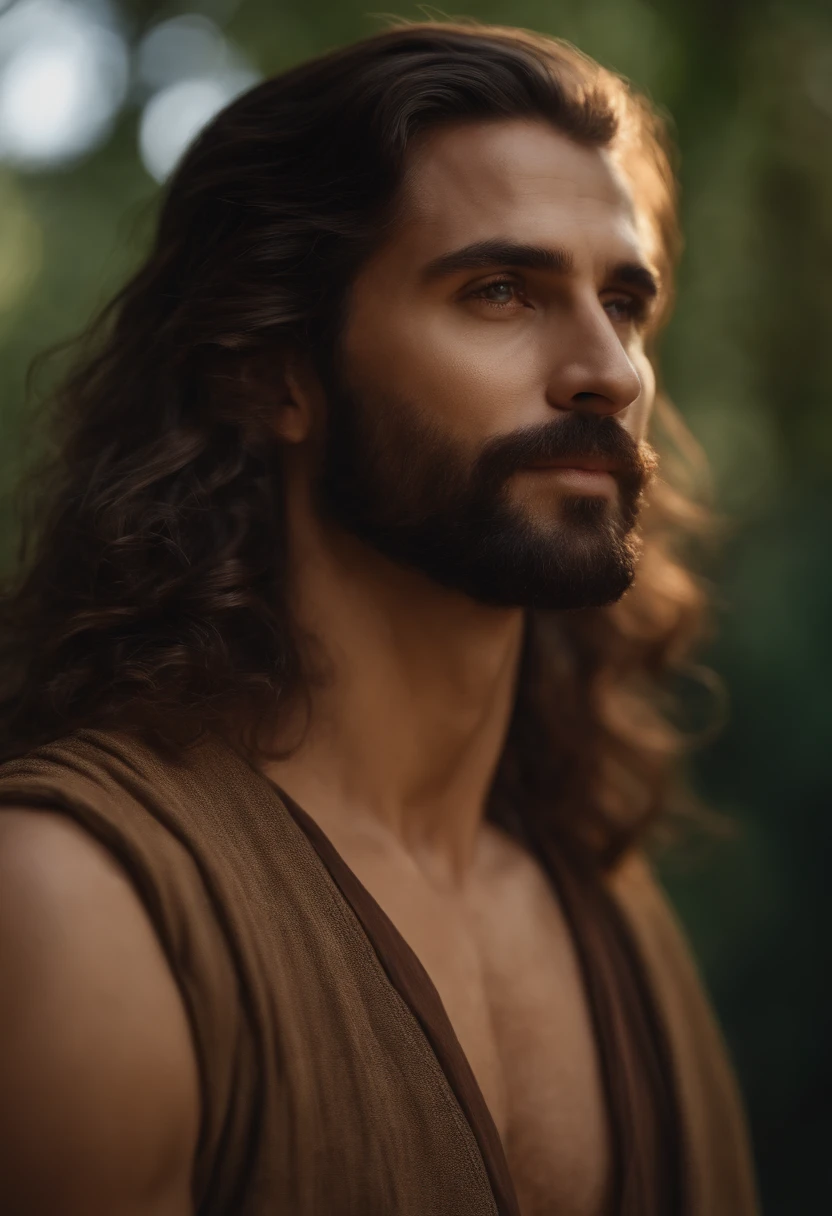 A man with long hair and beard wearing a brown shirt - SeaArt AI