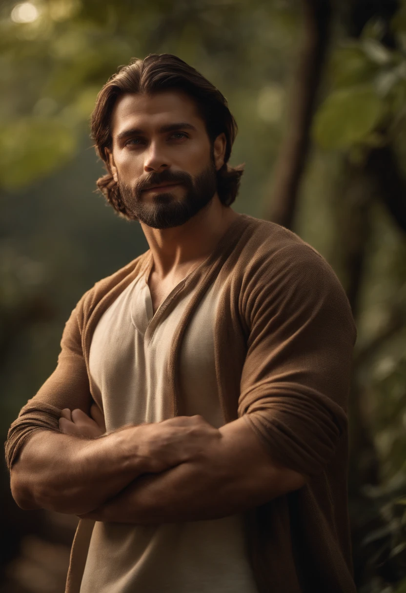 melhor qualidade,4k,8k,Altas,master part:1.2),ultra-detalhado,Realistic,Handsome bearded man with medium length hair and brown eyes, Mulher linda, atriz de cinema, busto aberto, com cabelo pretos e olhos castanhos,in a heavenly paradise,paisagem pitoresca,atmosfera serena,cores vibrantes,Golden sunlight streaming through the lush trees,grama verde esmeralda e flores florescendo,rio tranquilo fluindo suavemente ao lado deles,they're smiling, the man is on the woman's side, parte superior do corpo, They're both turned and looking at Viewer.
