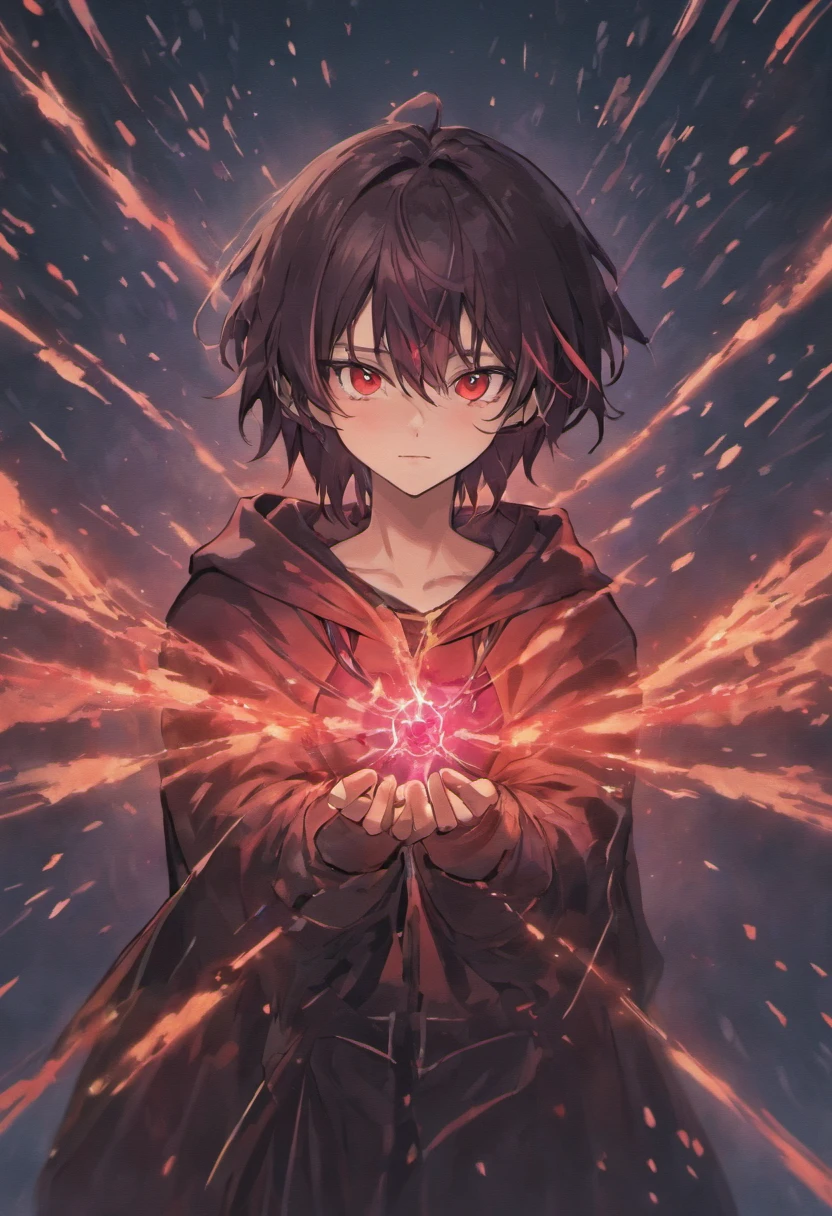 (tmasterpiece), (best qualtiy), (ultra - detailed), Short black hair, young man with red eyes,Wears a black hooded cloak,Western fantasy, front look, looki at viewer, The upper part of the body, blossoms, Flowingcolors, mostly cloudy sky
