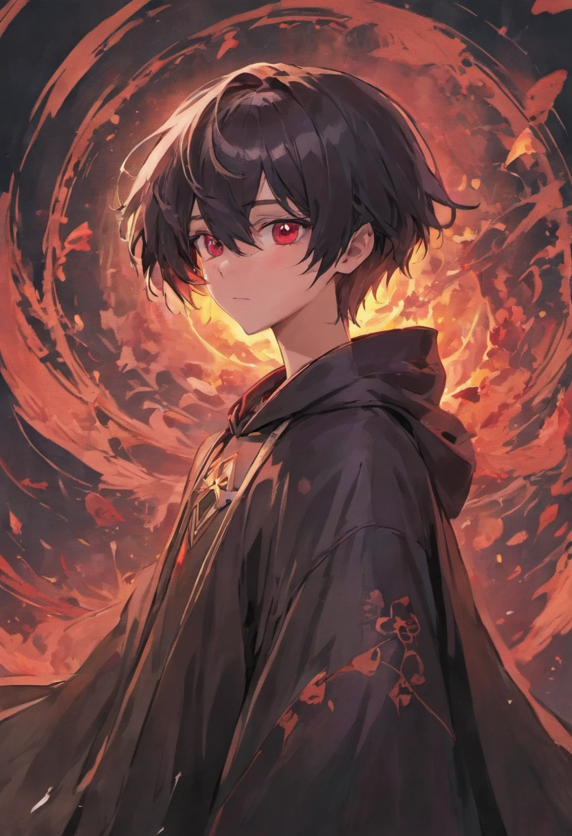 （tmasterpiece）， （best qualtiy）， （ultra - detailed）， Short black hair, young man with red eyes，Wears a black hooded cloak，Western fantasy， front look， looki at viewer， The upper part of the body， blossoms， Flowingcolors， mostly cloudy sky