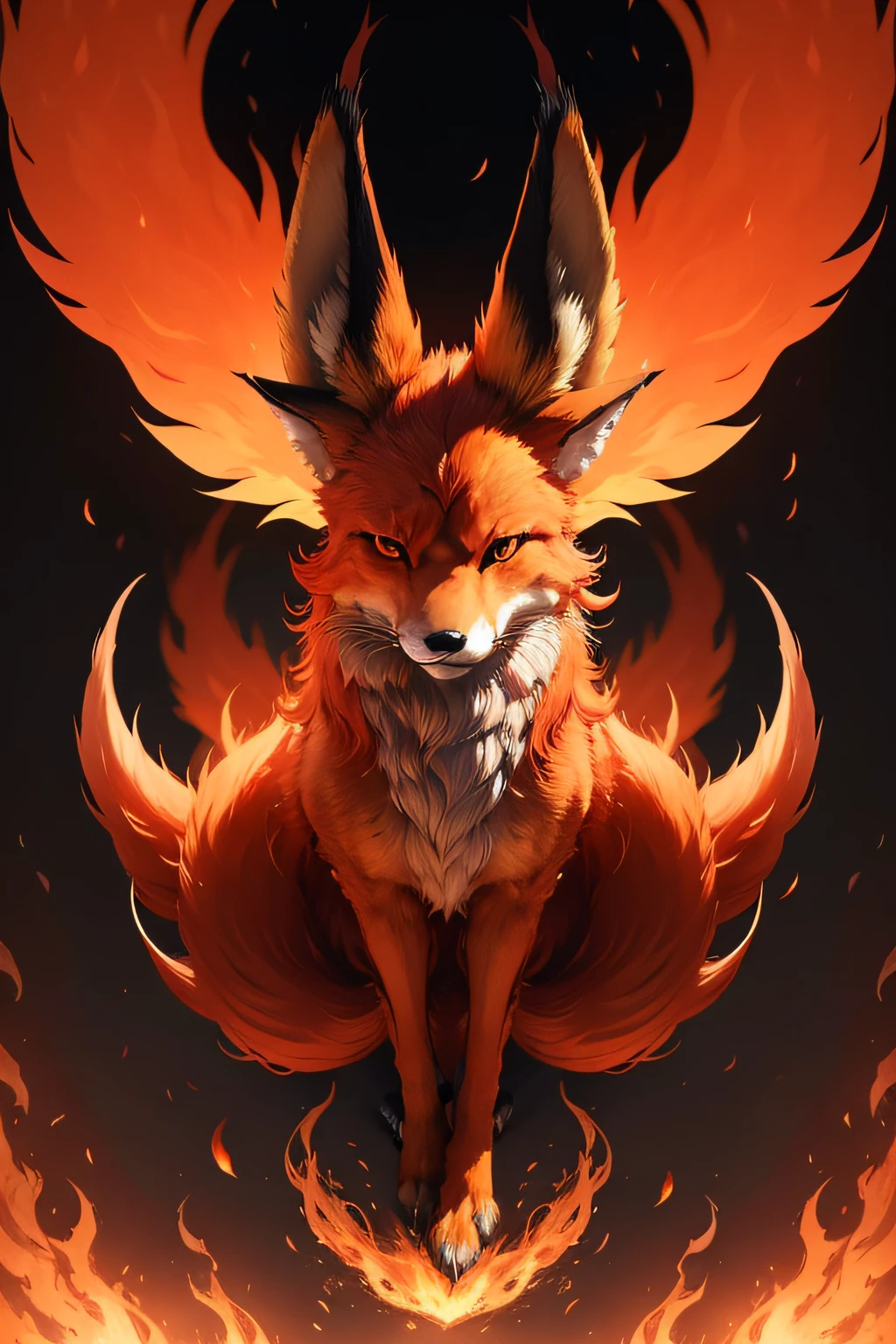 Nine tails,Shaped like a fox,It has antlers on its head,There are flames in the limbs,There are wings on the back,The eye、nase、The mouth、Straight ears and cheeks