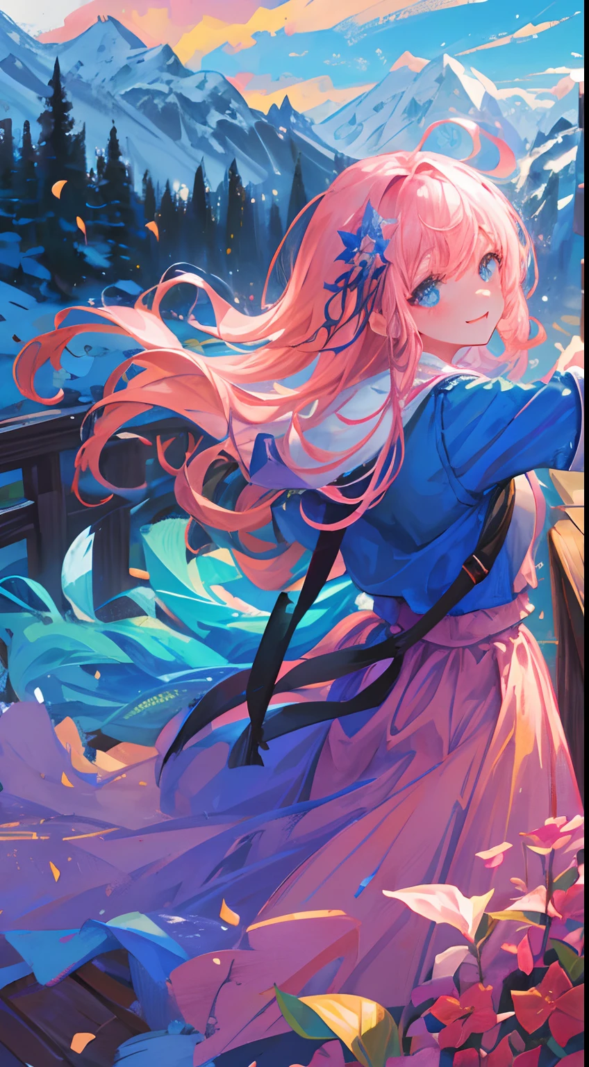 a girl exploring a magic world, adventure, magic, fantasy, impossible, cute, happy, close up, landscape, colorful, BREAK (masterpiece, best quality, wallpaper, 4k, gorgeous, intricate), mountains, particles, strnage flower, happyness, surprised, surprise, curious, perfect face, glowing, treasure, nature, pink hair