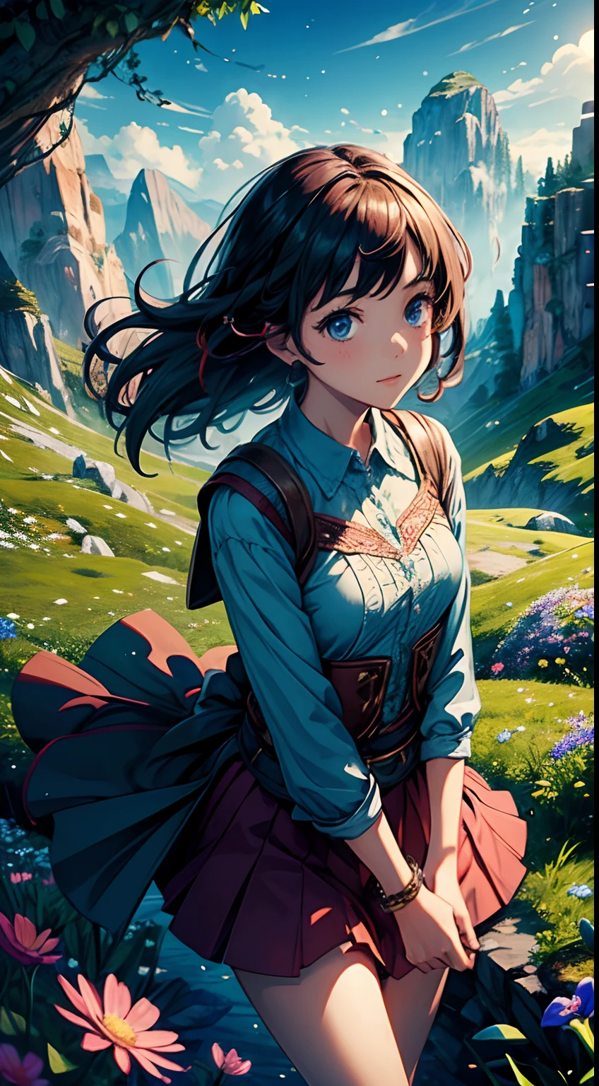 a girl exploring a magic world, adventure, magic, fantasy, impossible, cute, happy, close up, landscape, colorful, BREAK (masterpiece, best quality, wallpaper, 4k, gorgeous, intricate), mountains, particles, strnage flower, happyness, surprised, surprise, curious, perfect face, glowing, treasure, nature,