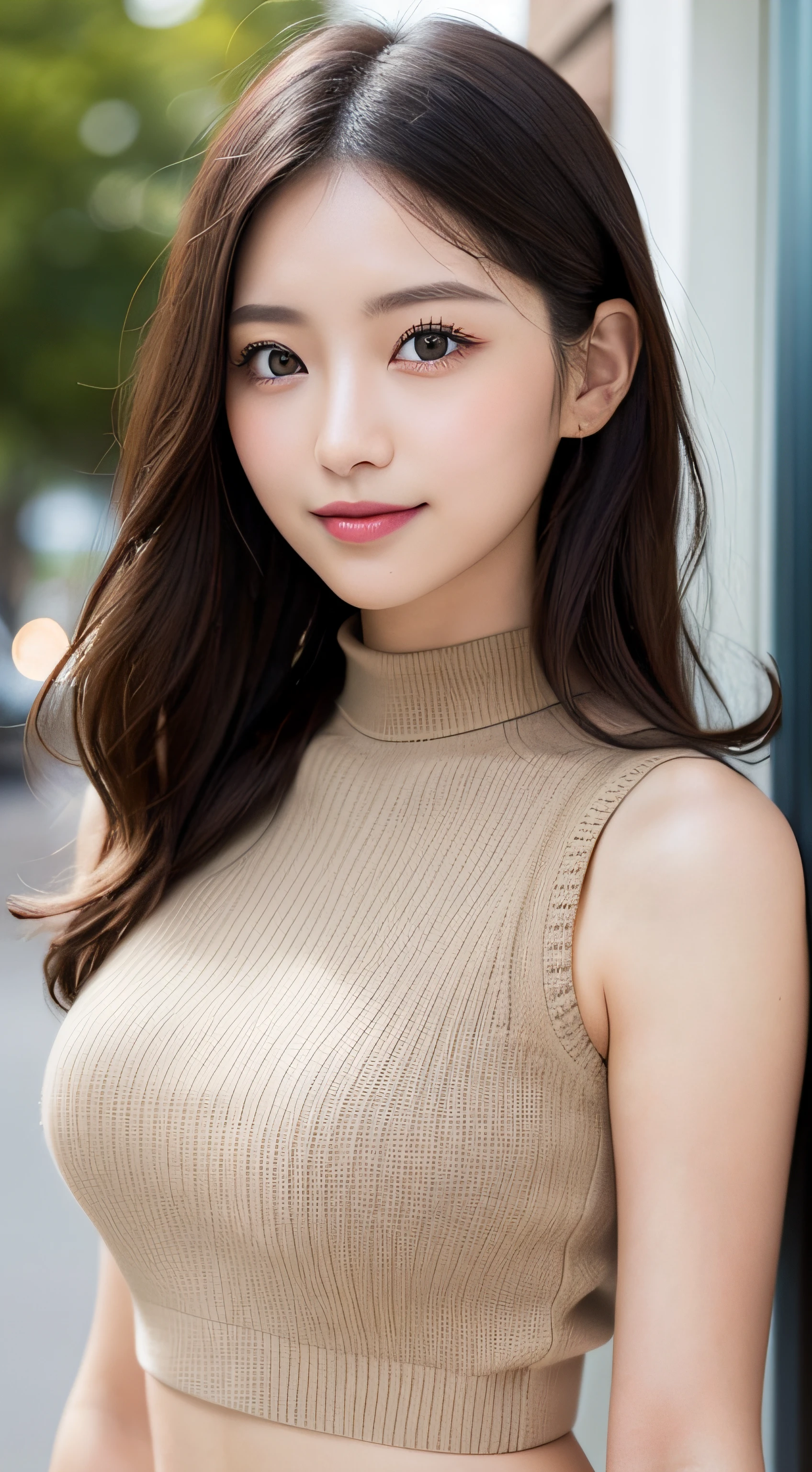 (Top quality, tabletop, 8K, highest image quality, award-winning work), 1 beautiful woman, 25 years old, (Single: 1.1), Perfect beautiful composition, (Ample breasts), Perfect fit, (Body line emphasis): 1.1) , (Medium Hair: 1.6), (No bra:1.4), (Nipples erect:1.2), (Perfect gray turtleneck sleeveless knit sweater: 1.2), (Elegant melton skirt: 1.2), (Full body photo: 1.1), Me Look and smile (highly blurred accurate city park background: 1.1), glamorous body, standing gracefully, sagging eyes, natural makeup, super high resolution beautiful face, super high resolution hair, super tall High resolution sparkling eyes, ultra high resolution glossy lips, accurate anatomy (very bright and vivid: 1.3)