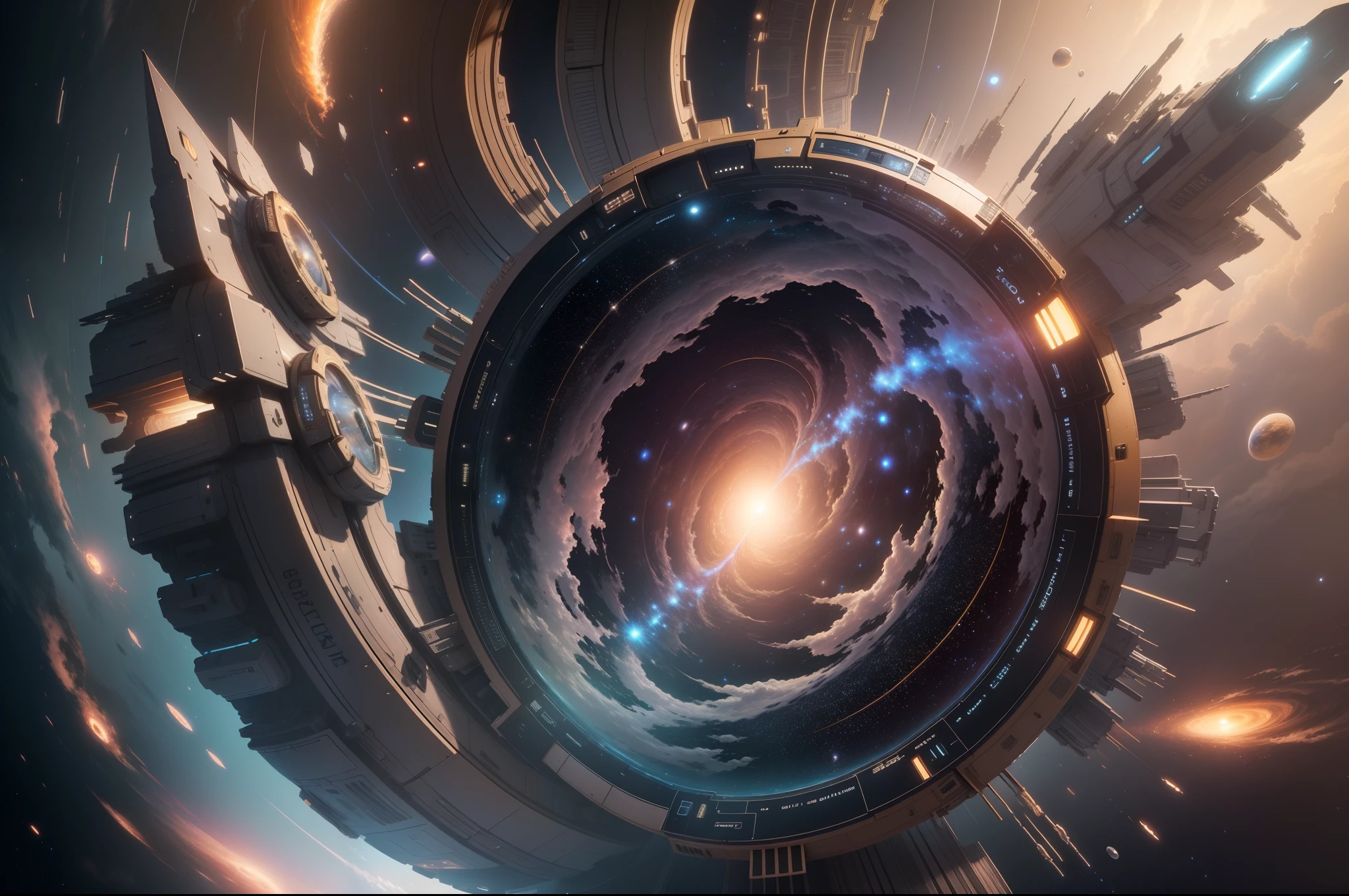 (Delicate and beautiful CG artwork),(Best quality, Ultra detail, high resolution),(Dynamic Angle, Dynamic lighting),A starship,In the vastness of the universe,Get ready to go through a space wormhole,Achieve interstellarism