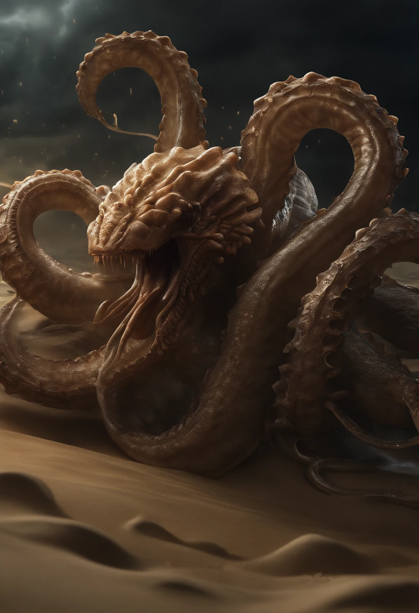 (best quality,4k,8k,highres,masterpiece:1.2),ultra-detailed,(realistic,photorealistic,photo-realistic:1.37),sand and glass kraken attacking, Rpg art, rpg token, full body, terrifying creature, big monster, sandstorm background, Fantastic digital art, dark and ominous, intricate details, glowing eyes, swirling tentacles, shattered glass effect, dramatic lighting, intense action, dynamic composition, epic fantasy theme