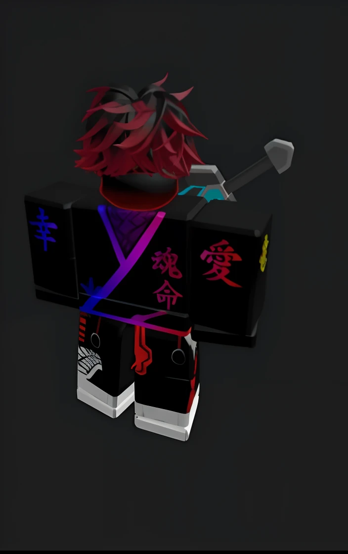 Um close up de uma figura de Lego com uma espada e um cabelo vermelho, samurai neon, avatar roblox, com runas brilhantes no corpo, Armadura refletida cor de fogo preta, Demon Samurai, goth ninja, in the style of sifu 🔥 😎 🕹️ 👀 :2, epic samurai warrrior, O reprodutor sombrio, ninja ciborgue
