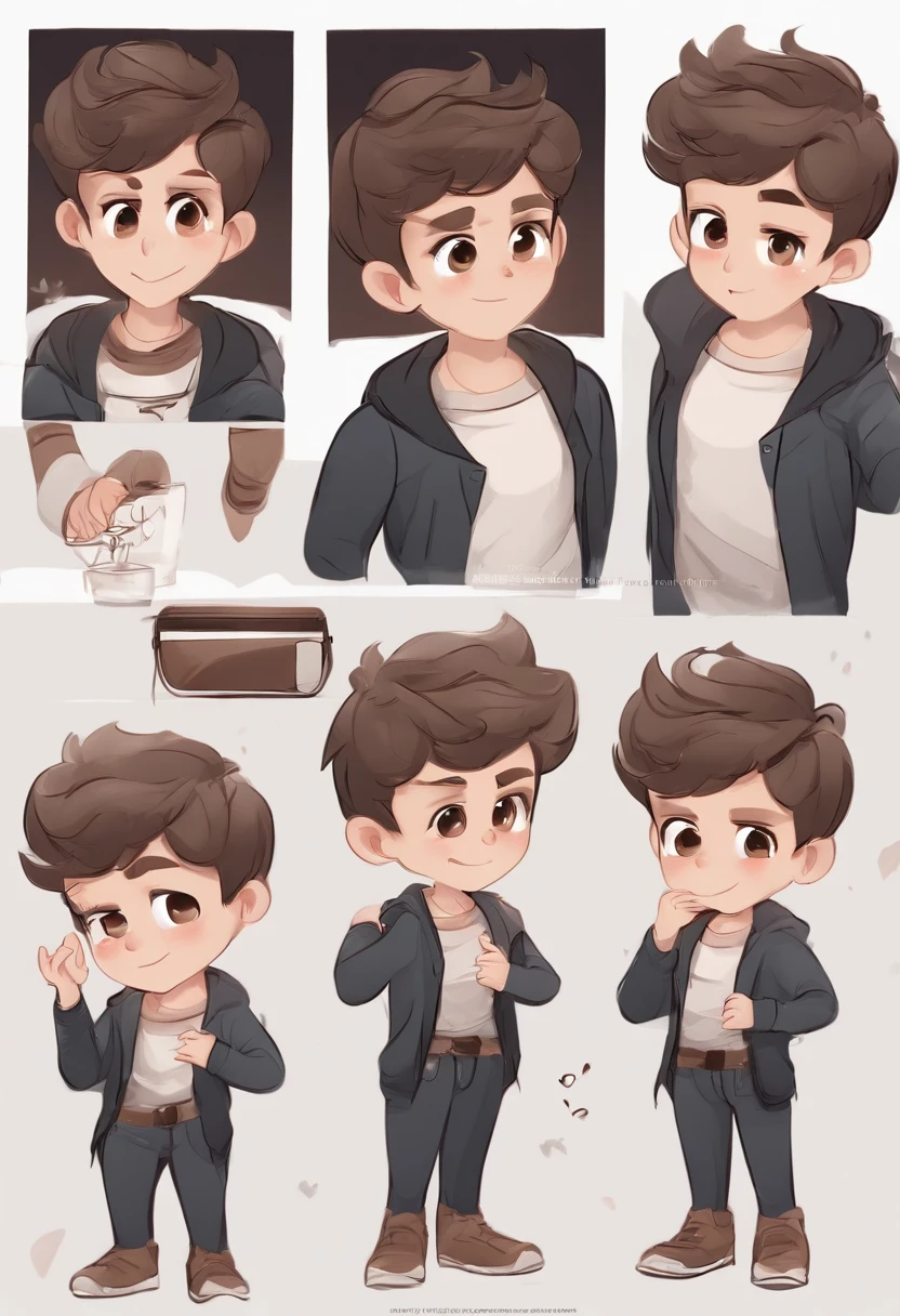 1 cute brunette boy，reference sheet，9,9 emoji packs，expressions，9 poses and expressions，Black strokes，Different emotions，8K