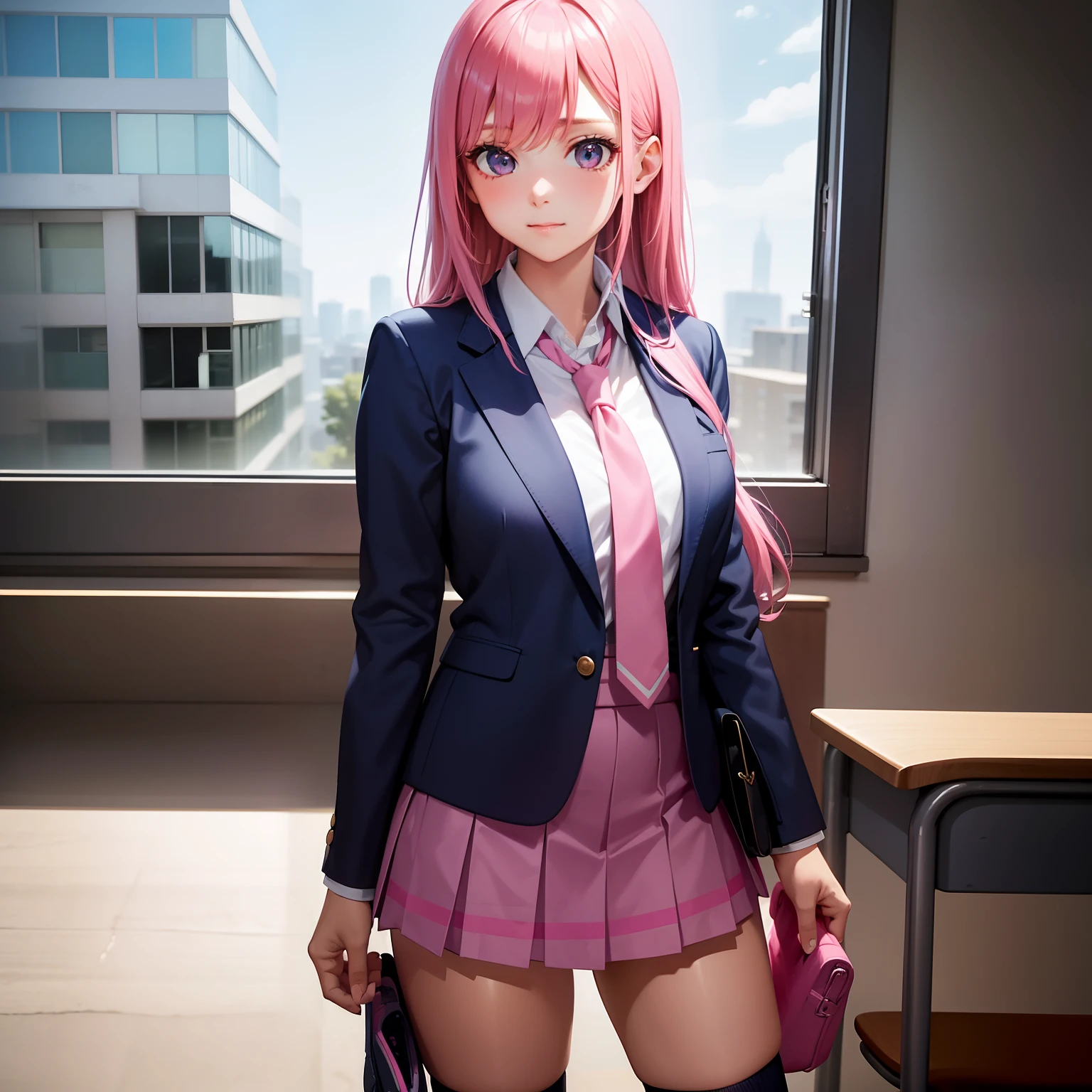 High School Girl, Dark blue blazer, Pink super mini skirt, Pink tie, knee high socks, Long pink hair, Solo, School Classroom, Looking at Viewer, Front view,