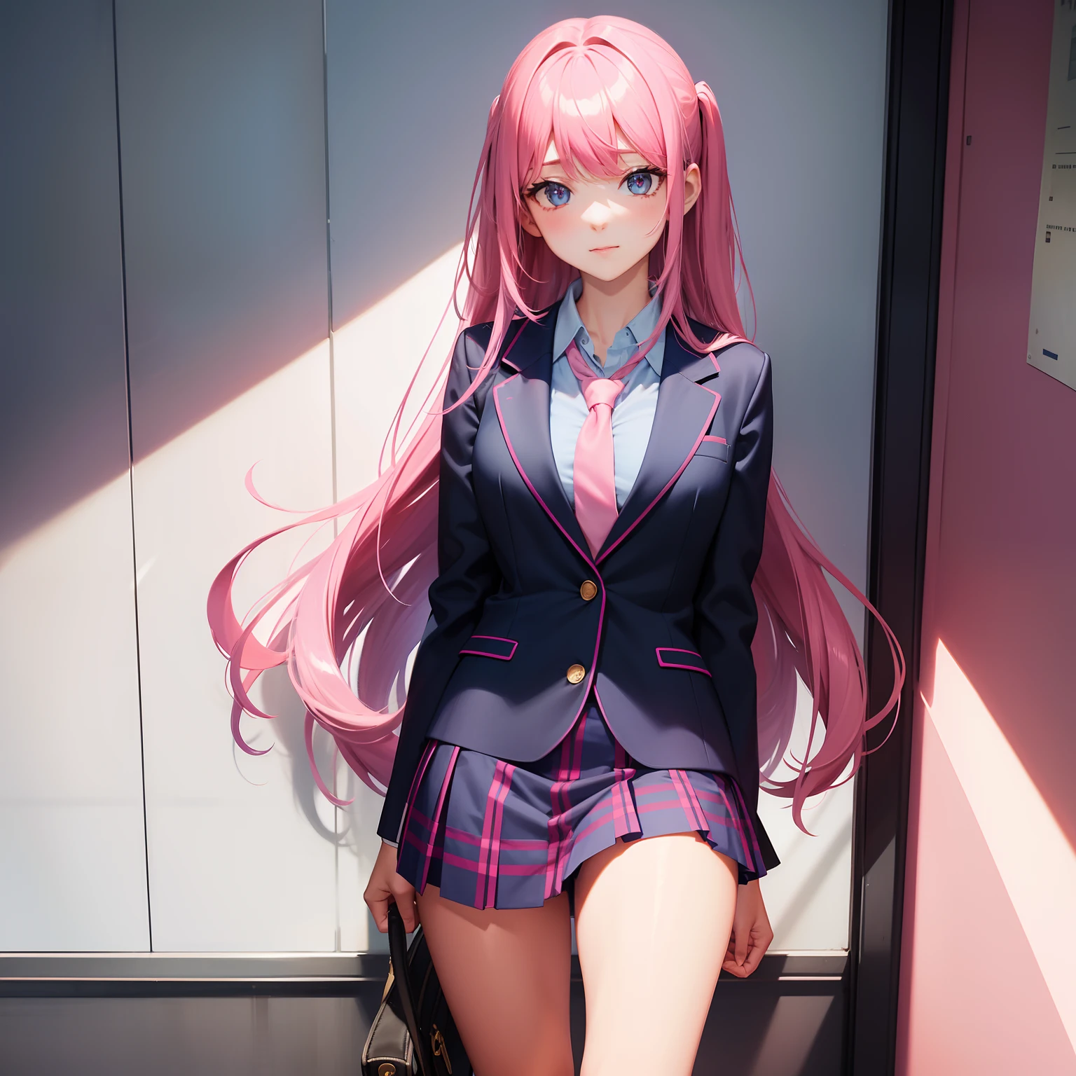 High School Girl, Dark blue blazer, Pink super mini skirt, Pink tie, knee high socks, Long pink hair, Solo, School Classroom, Looking at Viewer, Front view,