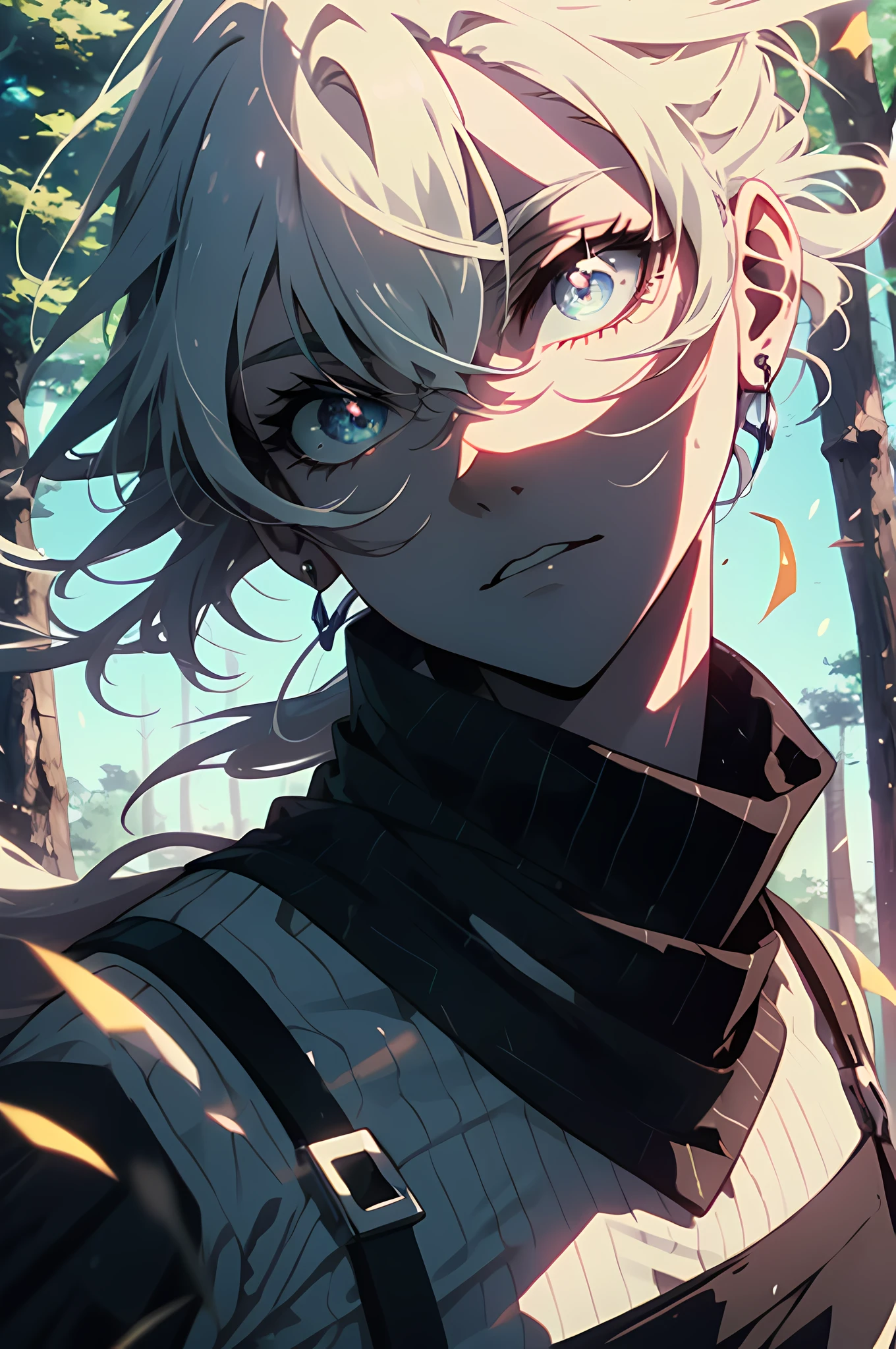 (absurd, high resolution, ultra detailed), Masterpiece,A white-haired, young boy with blue eyes，third eye on forehead with black pupil and blue iris, Detailed digital anime art, nagito komaeda, handsome guy in demon killer art, by Yang J, on a forest with full moon, at night, shiny eyes, extremely bright eyes, ninja clothing