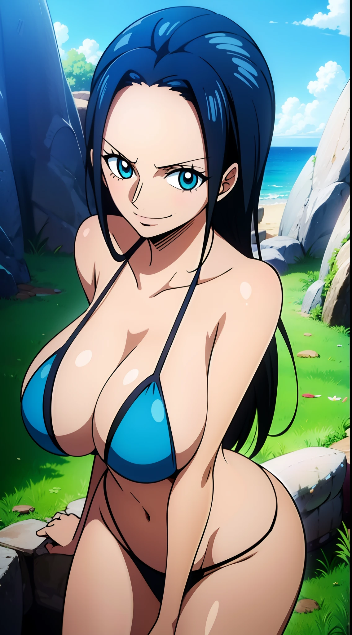 Nico Robin One Piece, 8k, Perfect quality eyes blue eyes Nico Robin, 1girl, aqua eyes, Black hair,  huge breasts smile venus bikini, areola slip