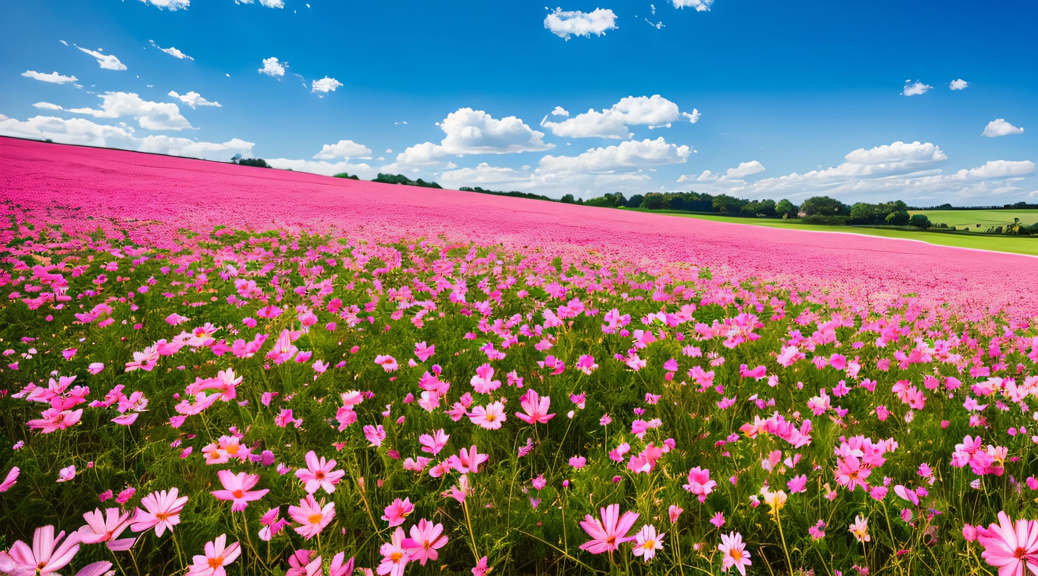 There are many pink or white flowers in the field, flower field, field of pink flowers, Miniature Cosmos, flowerfield background, Flower meadow, an aesthetic field of flowers, flower field, flowers background, in flower field, Tender flowers, field of fantasy flowers, cosmos, cosmos in the background, pink flowers, Beautiful flowers, flower garden summer morning,real ,32k