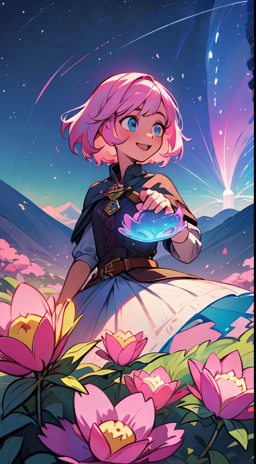 a girl exploring a magic world, adventure, magic, fantasy, impossible, cute, happy, close up, landscape, colorful, BREAK (masterpiece, best quality, wallpaper, 4k, gorgeous, intricate), mountains, particles, strnage flower, happyness, surprised, surprise, curious, perfect face, glowing, treasure, nature, pink hair, digital art