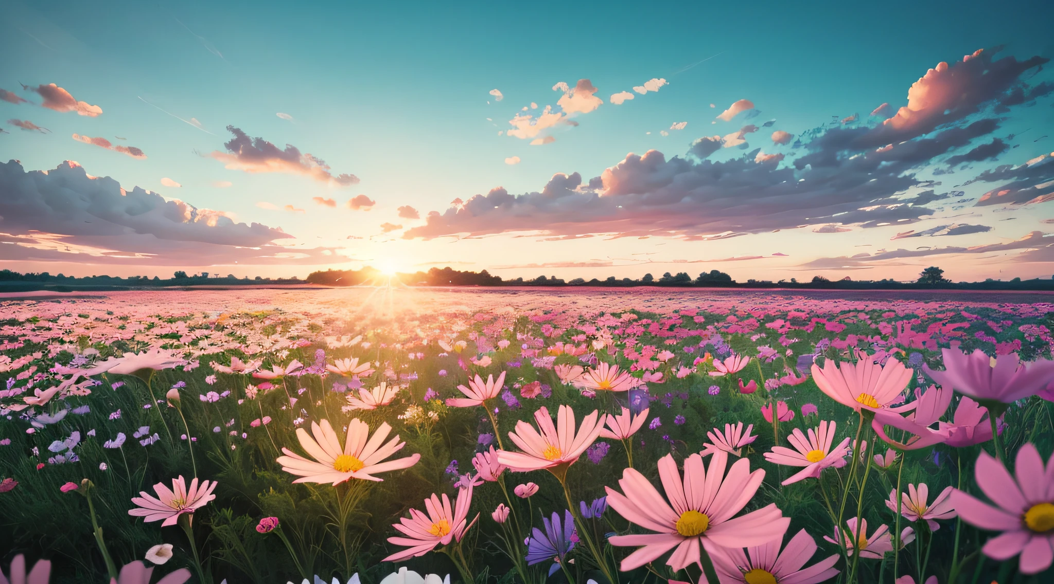 There are many pink or white flowers in the field, flower field, field of pink flowers, Miniature Cosmos, flowerfield background, Flower meadow, an aesthetic field of flowers, flower field, flowers background, in flower field, Tender flowers, field of fantasy flowers, cosmos, cosmos in the background, pink flowers, Beautiful flowers, flower garden summer morning,real ,32k , masterpiece, sunny day