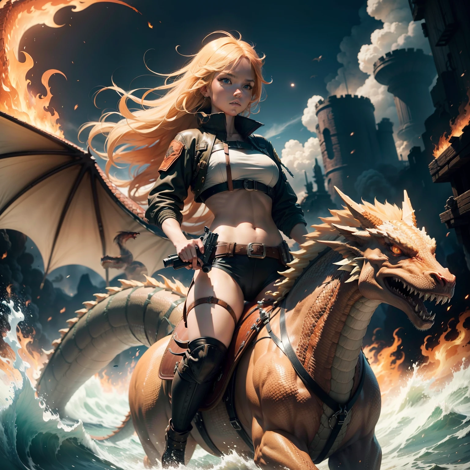 8k, a fiery girl with beautiful blonde hair, brown eyes, holding a gun, riding on the back of a cool fire-breathing dragon, ocean full of tsunamis, world destroyed by meteors