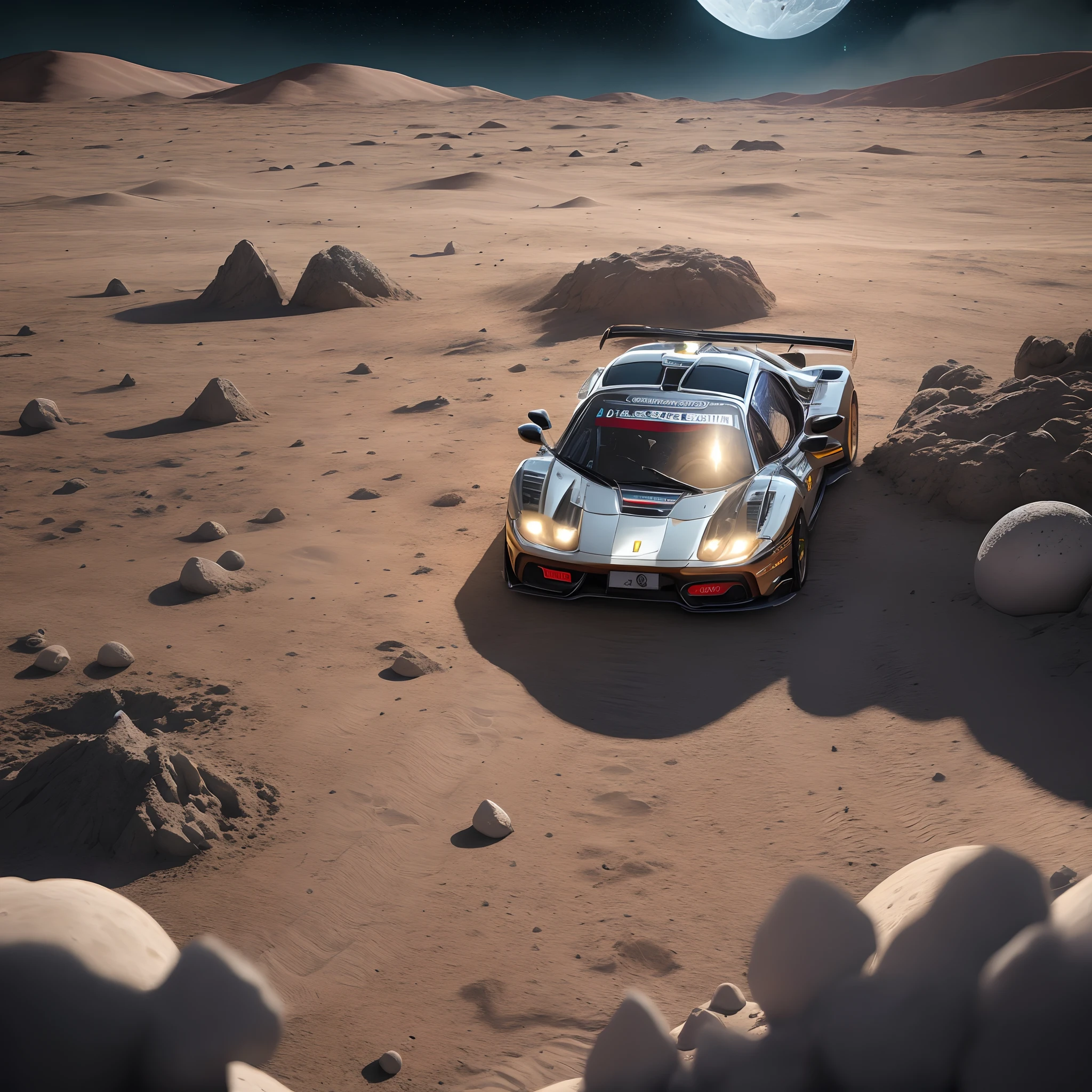 Ferrari on the moon with asteroids falling and exploding the moon realistic