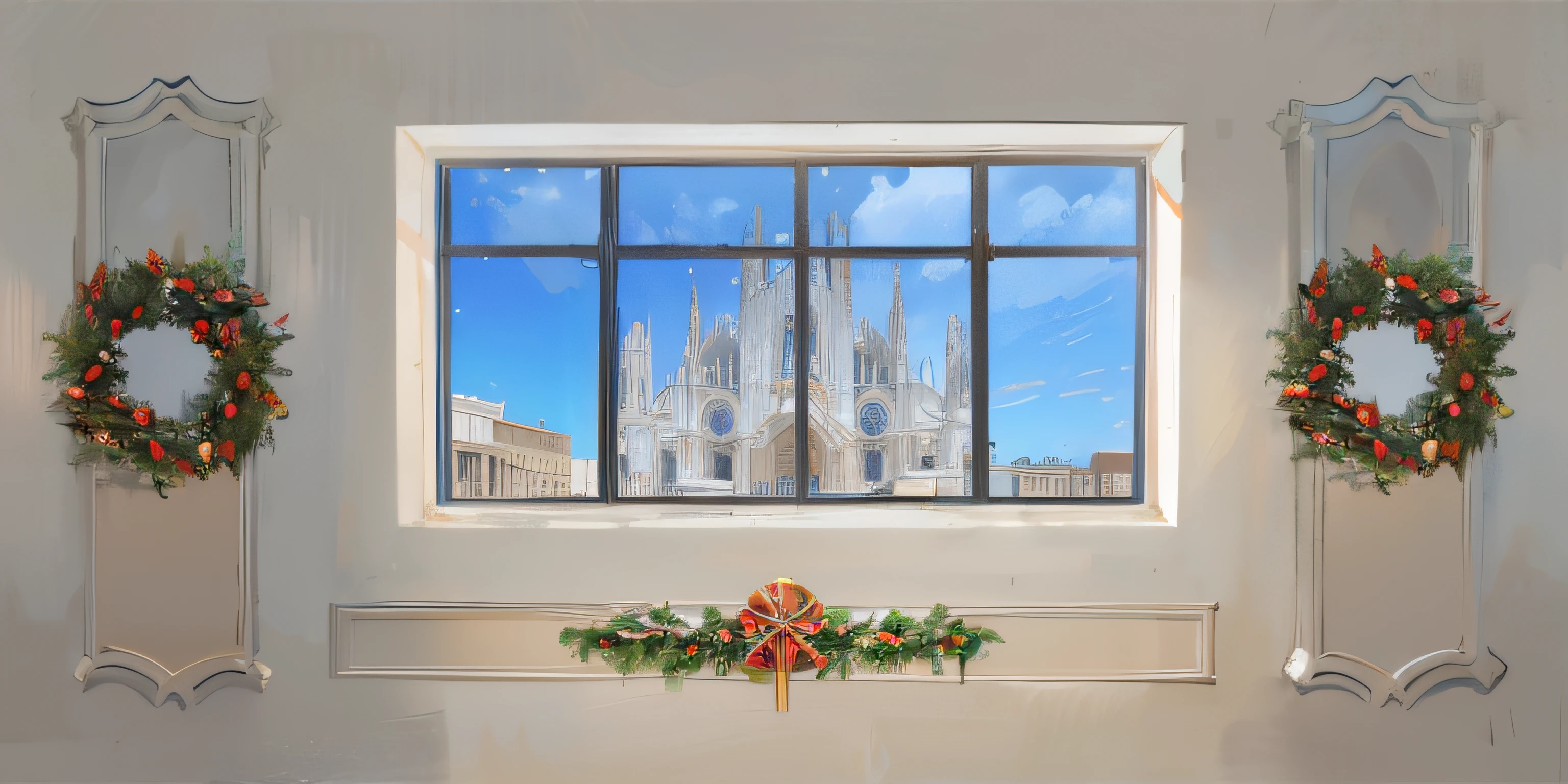 arafed view of a cathedral through a window with wreaths and decorations, window and city background, cityscape in the window, window ( city ), open window ib background, large window, big window, large open windows, milan schere, cathedral background, realistic windows, large windows, window at the center, window view, city backdrop, church window