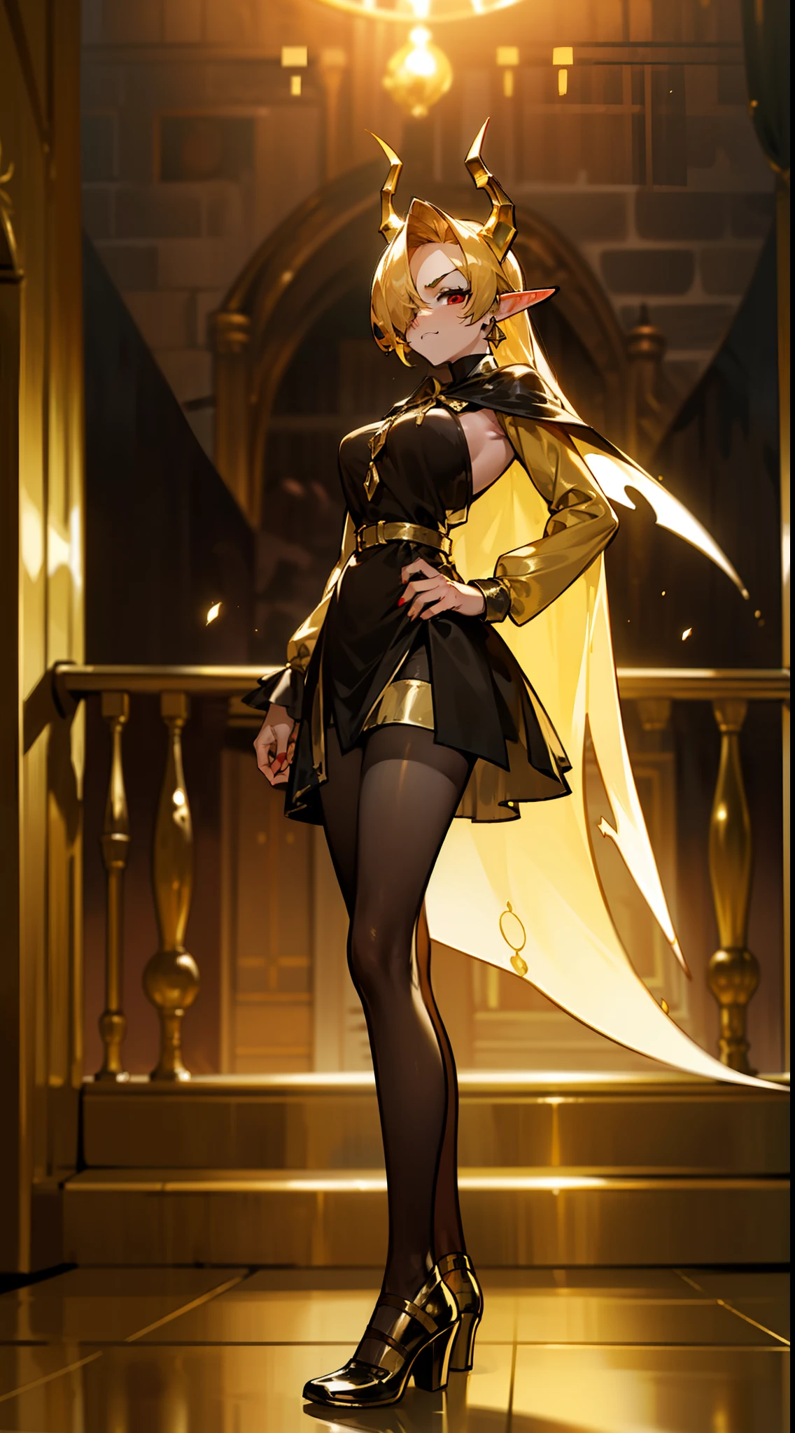 1woman,40s,solo,angry face,golden and black short dress,black skirt,medium tits,golden hair,long hair,red eyes,elves ears,golden horns,pantyhose,cape,hair over one eye,gold high heels,(((standing in front of a room inside a castle)))