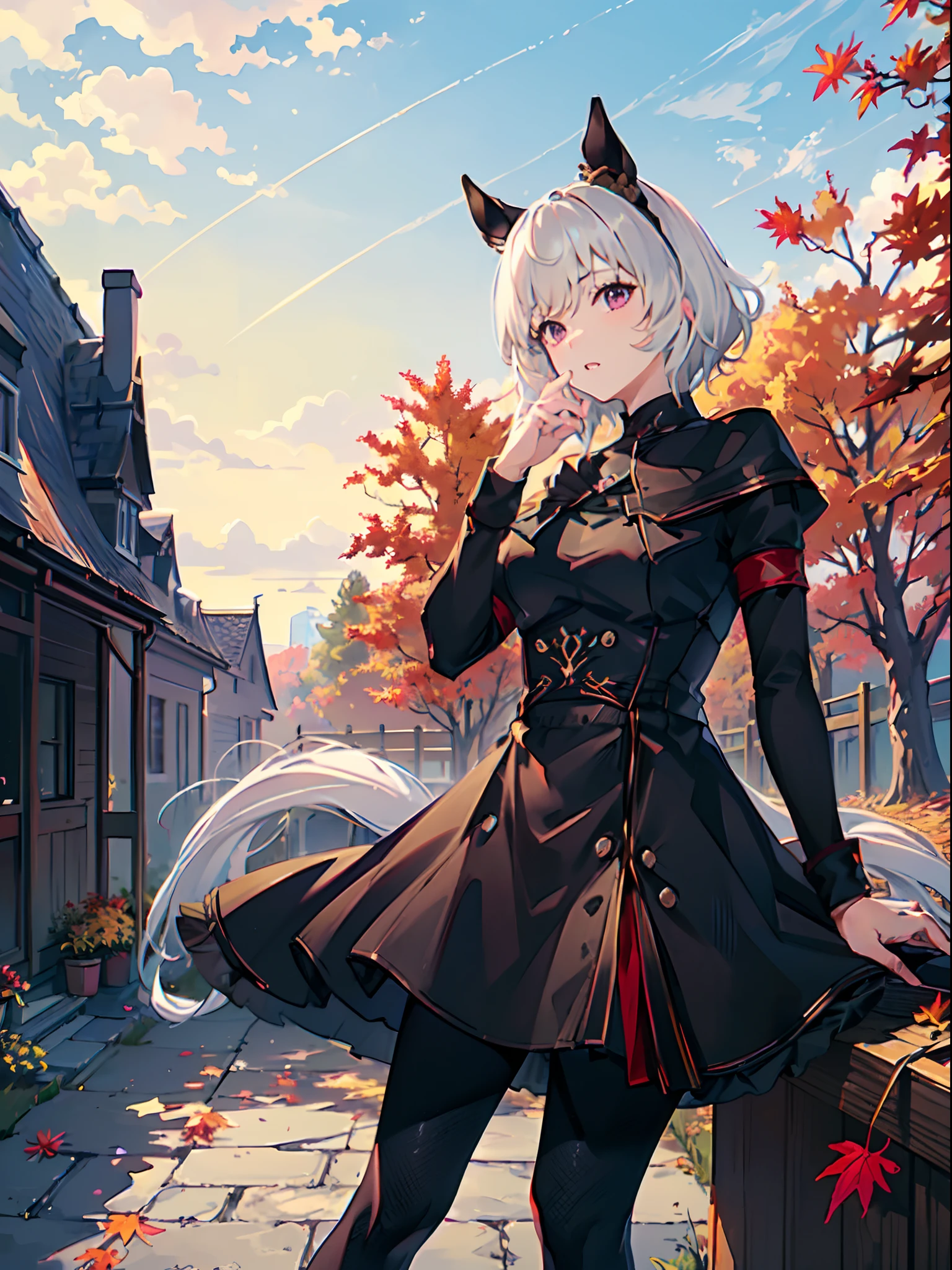 (masutepiece.Top image quality:1.3)、1 girl in、White hair、short-cut、Red Eyes、Horse-eared girl、White horse tail、Black clothes、Black short skirt、(Black tights:1.2)、(Autumn sky in the background:1.4)