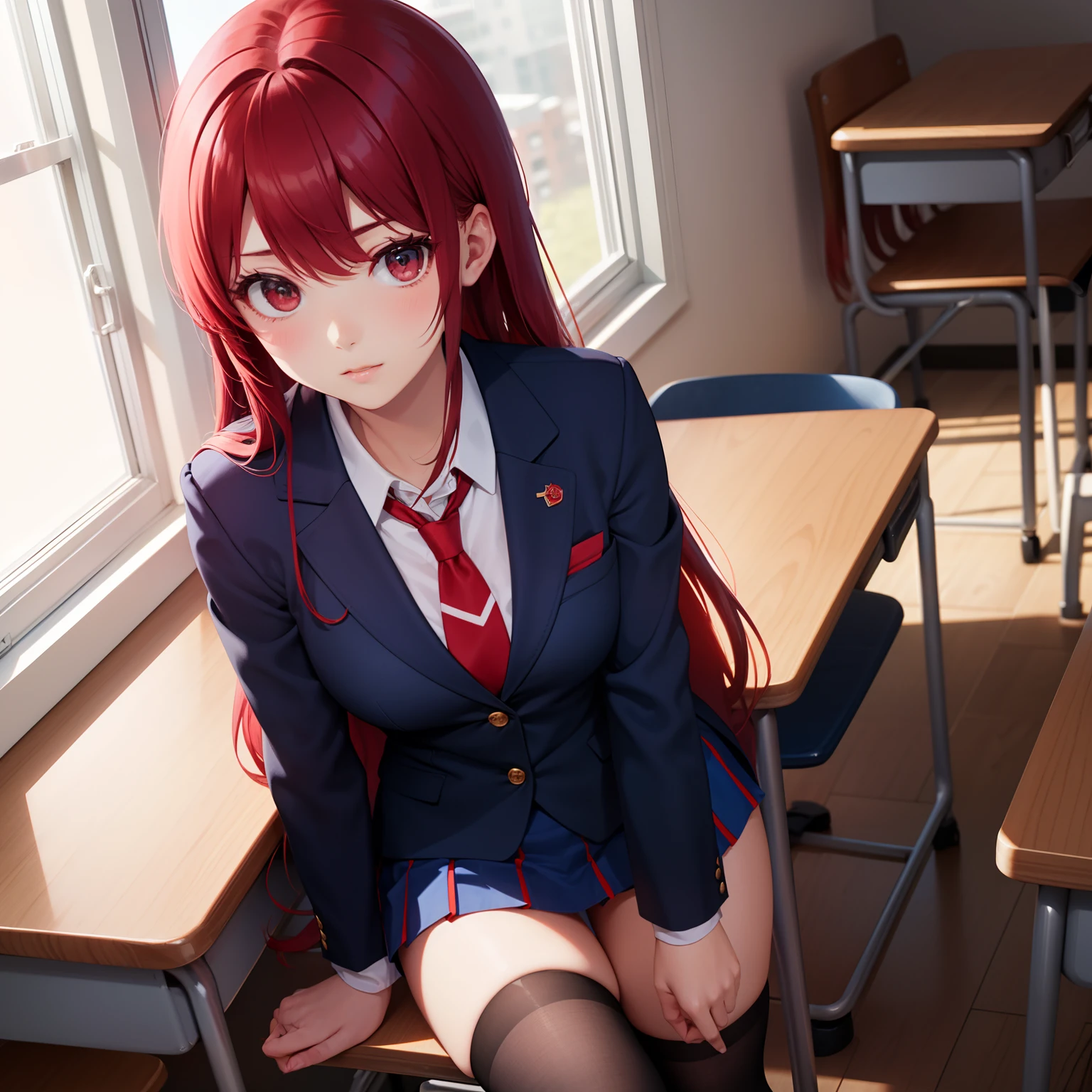High School Girl, Dark blue blazer, Red super mini skirt, Red tie, knee high socks, Long Red hair, Solo, School Classroom, Looking at Viewer, Front view,