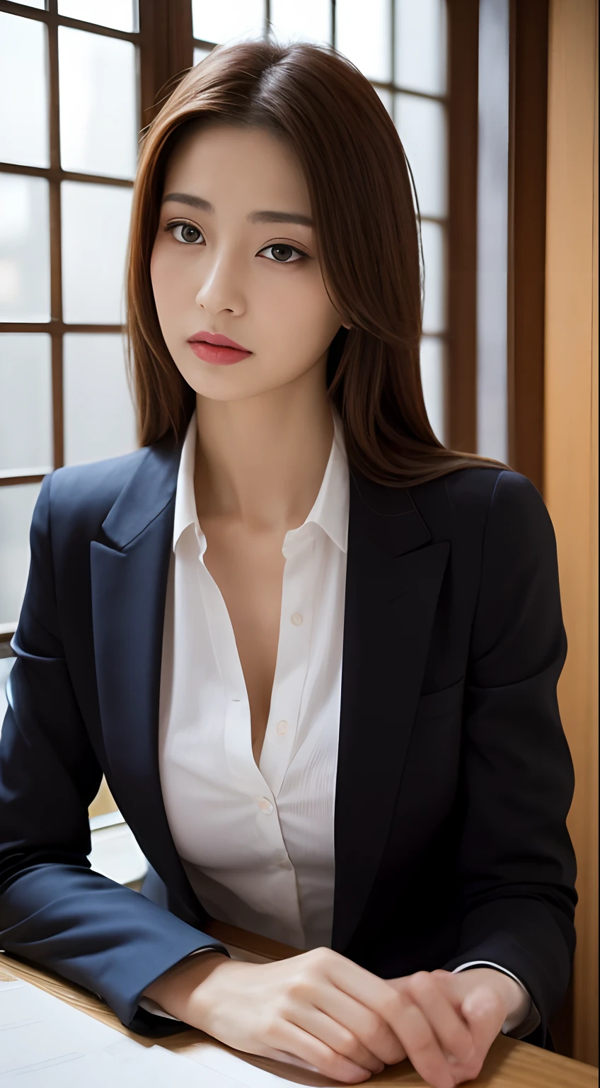 the most beautiful woman's face in the world, the perfect body proportions for a woman, blazer is worn on shirt, right shape of her vagina between opened legs, two pairs of labia, her pubic hair, she is sitting on a couch in the living room, she is the prettiest actress in japan, nsfw, best quality, highly detailed, masterpiece, ultra high res, photo realistic, 8k