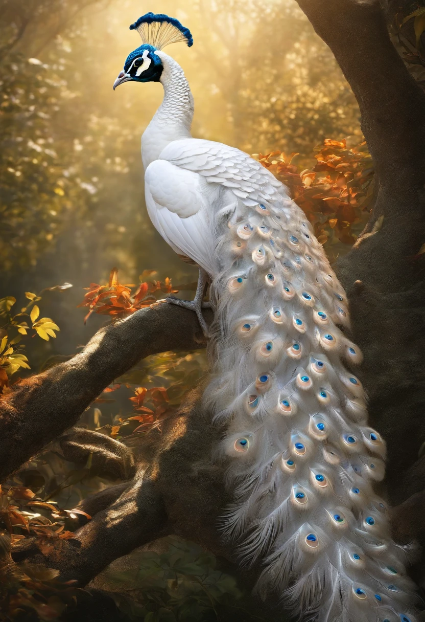 Best quality, Amazing artwork of beautiful white peacock, intricately details, (Best shadow), elegant, voluminetric lighting