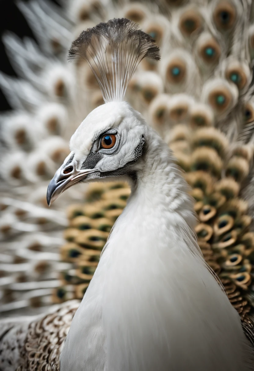 Best quality, Amazing artwork of beautiful white peacock, intricately details, (Best shadow), elegant, voluminetric lighting