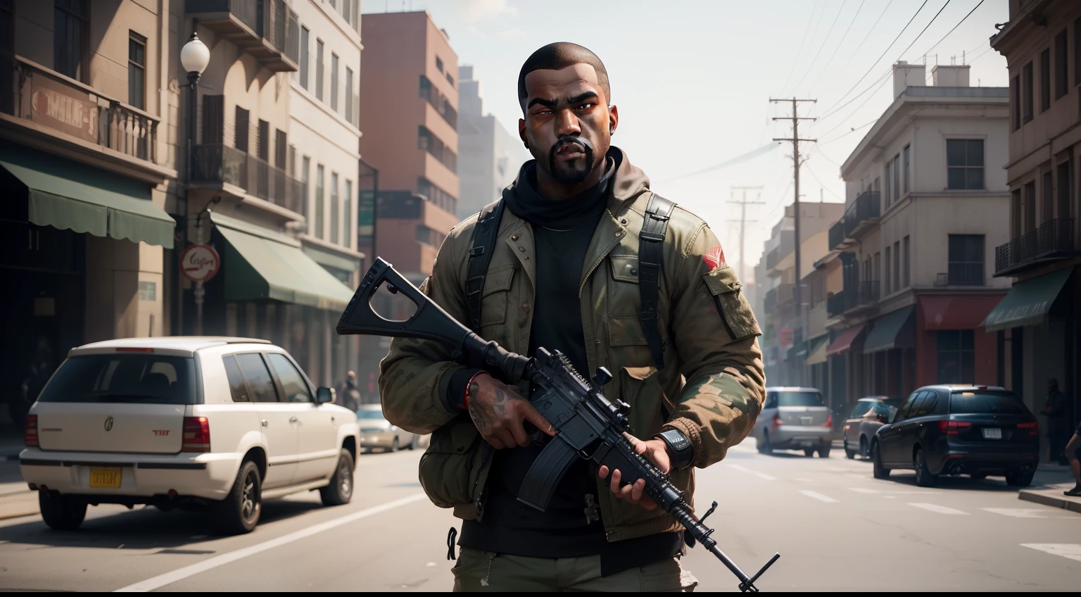 Army Clothing Man,Army clothing ,gta personagem, Como o protagonista de GTA 5, GTA V Estilo, como um personagem de gtav, corte de cabelo red,cabelo red,Kanye West em GTA v, Estilo GTA5, gta v personagem, empunhando fuzil de assalto,rifle in hand ,fuzil AK-47 ,gta 5 tom de pele negro