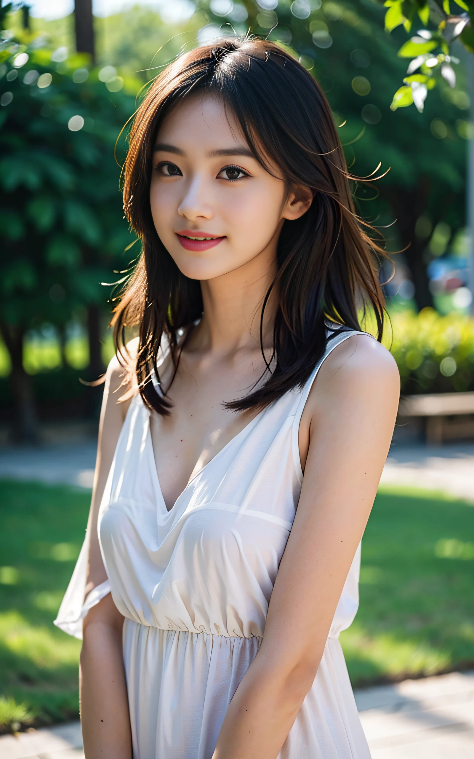 neat college girl、ite person、(Naked white bathrobe、very small chest、flat breast、Chest without bulge)、Outside the field、(Slimed、small tit、flat boobs、small boobs)、Photorealsitic、detaileds, Skin texture, ultra-detailliert、Delicate and sexy collarbone、a smile、Super detailed face、detailed lips、A detailed eye、二重まぶた、10y old girl