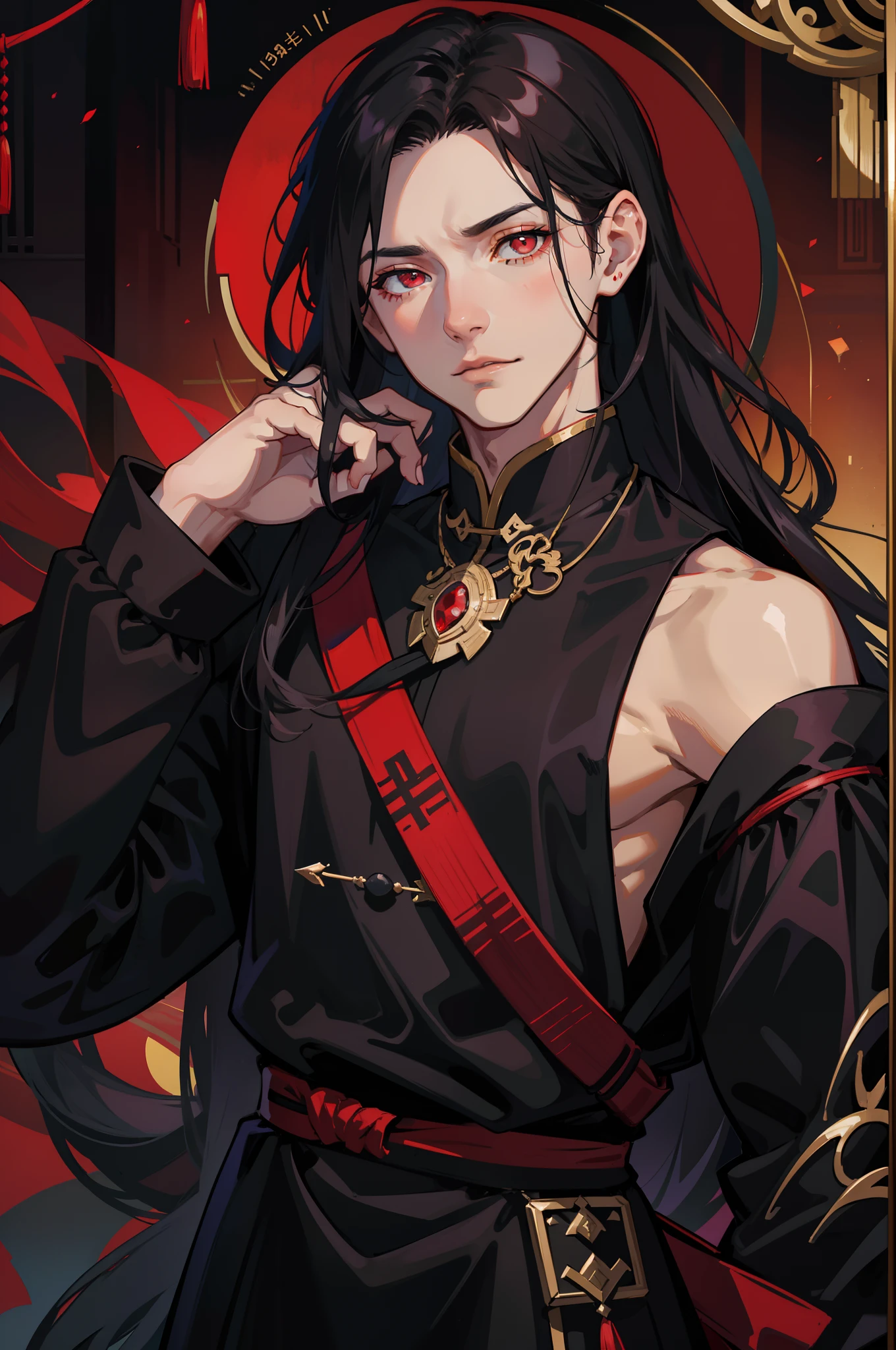 male people,Red eyes,Black color hair,The expression was melancholy,Elegant Chinese black clothing,Gorgeous accessories,There is magic smoke around you,fov,f/1.8,tmasterpiece,Blood flew in the night,Frontal portrait shot,8K,Handsome male,Long black hair,red color eyes,The expression was melancholy,The chin has a contour,8K resolution,grand master,The hair was long