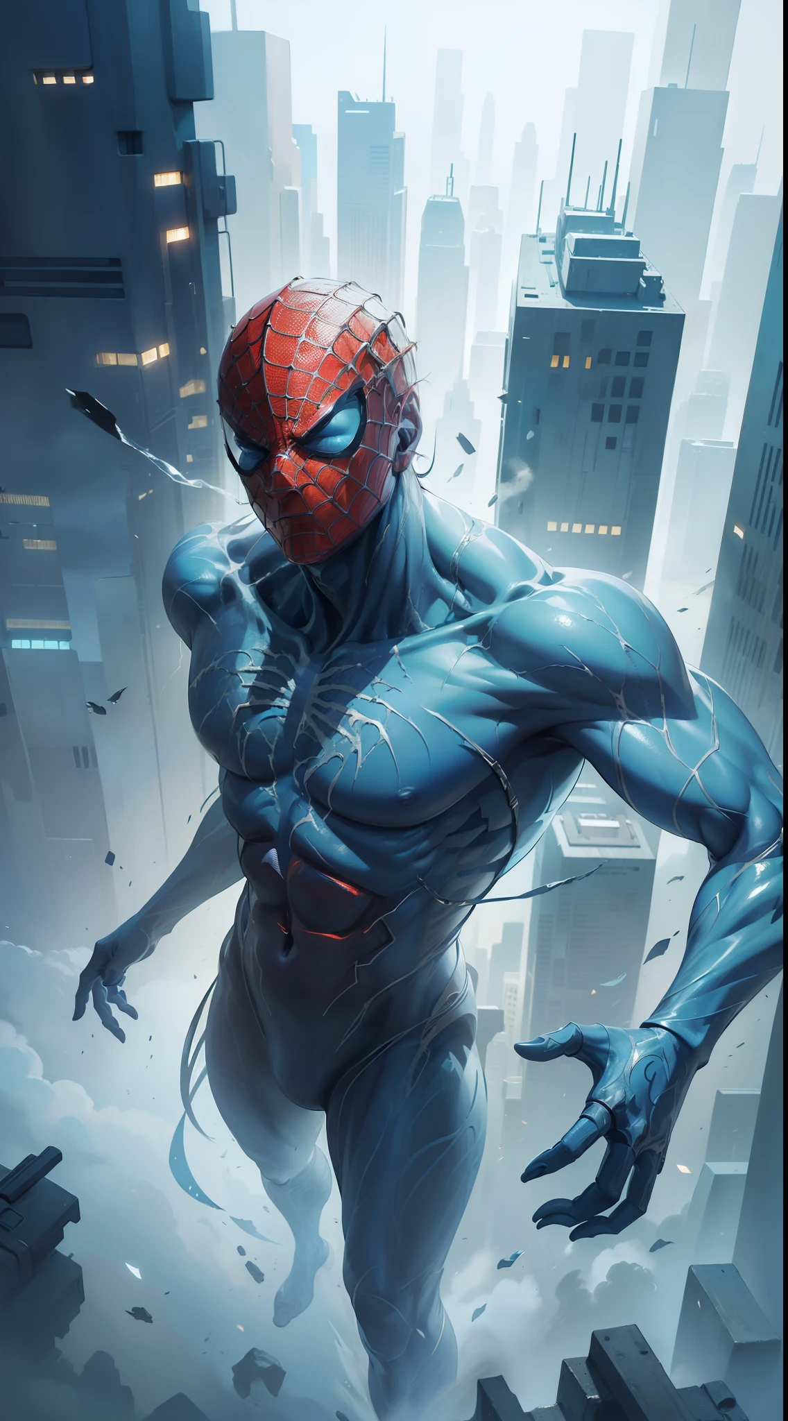 (1boy:1.3), solo, ((very detailed face)))), ((very detailed eyes and face)))), beautiful detailed eyes, body parts__, full body portrait, official art, unified 8k wallpaper, super detailed, beautiful and beautiful, beautiful, masterpiece, best quality, original, masterpiece, super fine photo, best quality, super high resolution, realistic realism, sunlight, full body portrait, amazing handsome, dynamic pose, delicate face, vibrant eyes, (from the front), wearing Spider-Man suit, red and black color scheme, spider, very detailed city roof background, rooftop, overlooking the city, detailed face, detailed complex busy background, messy, gorgeous, milky white, highly detailed skin, realistic skin details, visible pores, clear focus, volumetric fog, 8k uhd, DSLR, high quality, film grain, fair skin, photo realism, lomography, futuristic dystopian megalopolis, translucent, (Cyberpunk: 1.1), (Mechanical Joints: 1.2),