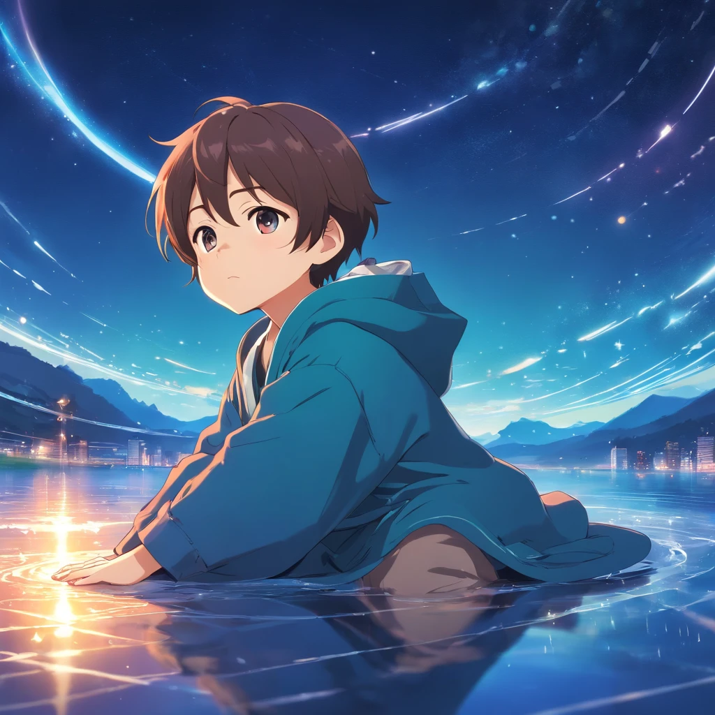 Visualize a sleepwalker in the enchanting world of anime illustration. This character, a male, is dressed in a mysterious coat, captured in a moment of somnambulism while reclining on a surreal floating disk. The art style? Chibi, of course. Now, let's bring this unique vision to life with all the whimsy and charm of chibi art, infusing it with the dreamlike essence of anime."
