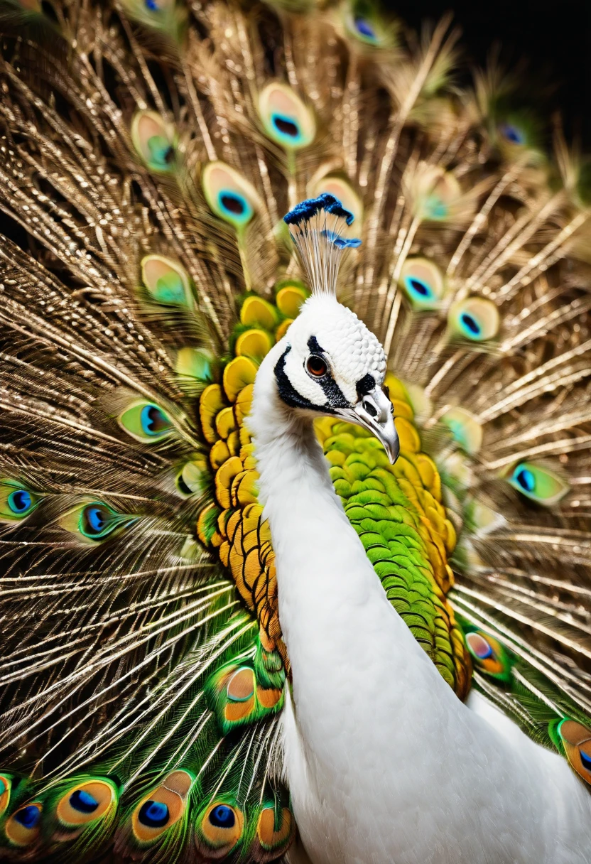 Best quality, Amazing artwork of beautiful white peacock, intricately details, (Best shadow), elegant, voluminetric lighting