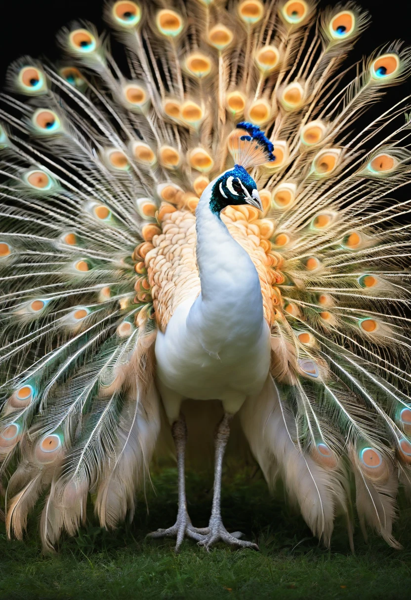 Best quality, Amazing artwork of beautiful white peacock, intricately details, (Best shadow), elegant, voluminetric lighting