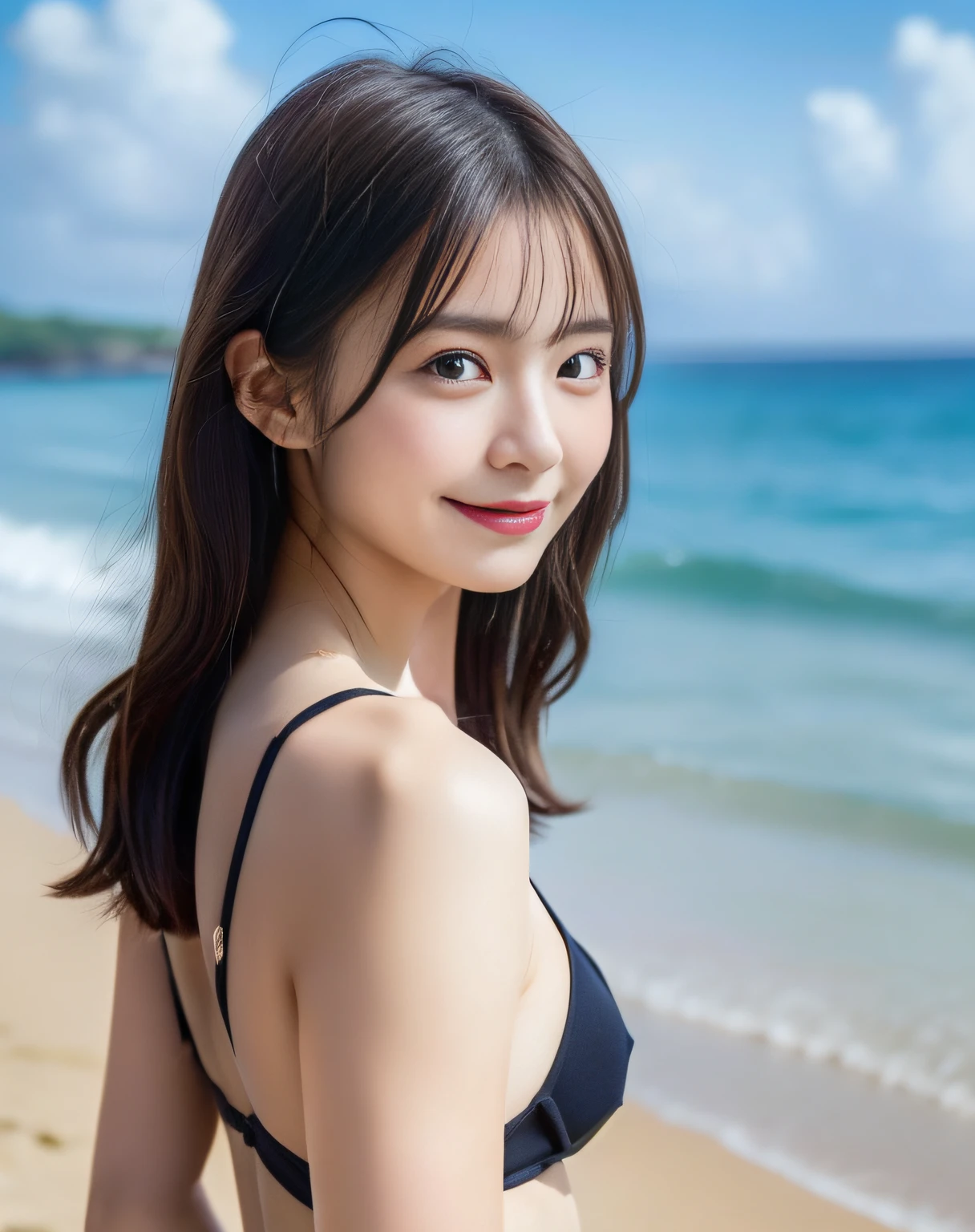 masutepiece, Best Quality, Illustration, Ultra-detailed, finely detail, hight resolution, 8K Wallpaper, Perfect dynamic composition, Beautiful detailed eyes, she is wearing a black bikini swimsuit,Medium Hair,Natural Color Lip,Smile,Harajuku、20 years girl、Bust up angle looking at camera、Arms behind your back、Fold your hands behind your back、C Cup、Brown hair、cacique#39;s face、Blurred private beach background