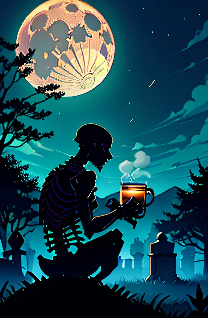 A lonely skeleton sips from a steaming takeaway coffee cup, in a spooky graveyard, surrounded by gravestones, gazing at the bright moon in the dark sky, with the horizon clear in the distance, in a cartoon style