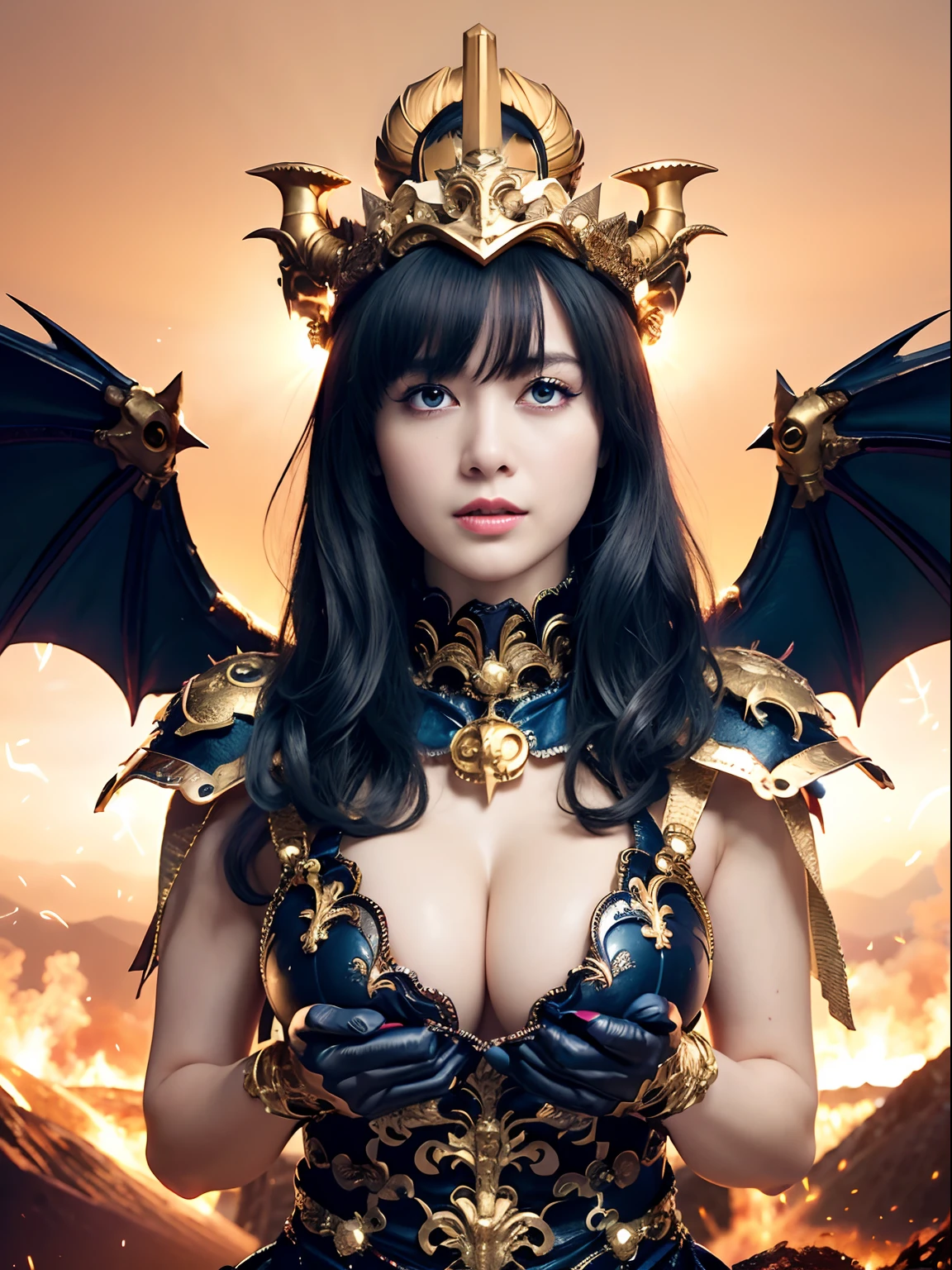 Professional , masterpiece、top-quality、photos realistic , depth of fields 、(Dragon Black Metal Body:1.9),(Matte Blue Black、(Night World)、(cleavage of the breast)、Dragon Gold Weapon、(Micro Bikini Armor:1.4),Gorgeous gold weapons ,(Fight dragons)、Seductive look、(( Dragon's dense and gorgeous sword)) , (demonic wings) ,Detail and gorgeous crown、((a blond))、(Castle background)、((Gangle's forest background))、Beautiful Caucasian beauty、1a person、dynamic ungle,(((Detailed and ornate dragon helmet)))、Smaller head、A smile、Castle background、Thin and beautiful female hands、cleavage of the breast、Soldier in iron armor on background、Mystical expression、Light Effects、intense fighting、Wind-effect、magic circles、With the legendary magic wand、Dragon's tail、explosions、