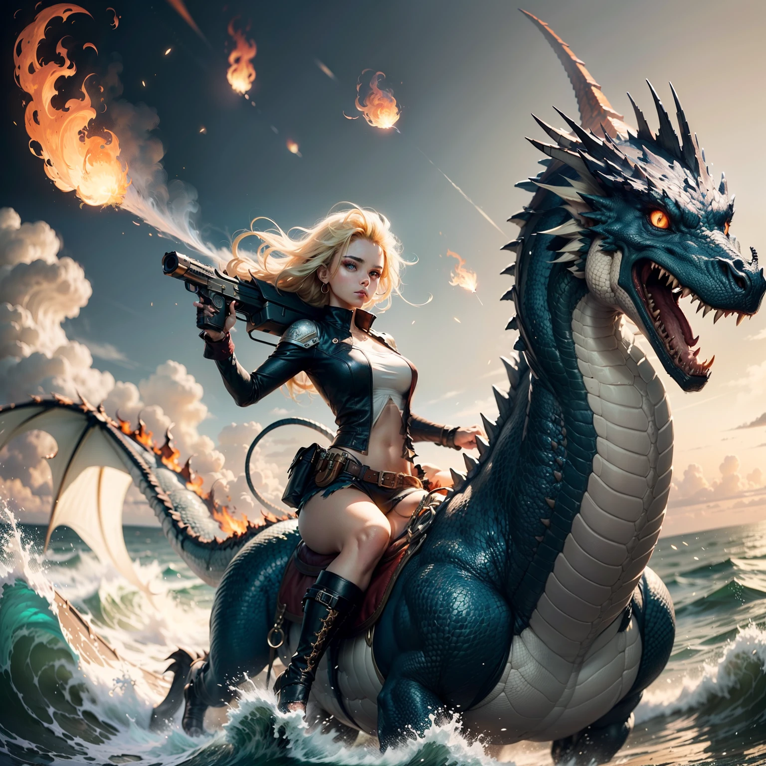 8k, a fiery girl with beautiful blonde hair, brown eyes, holding a gun, riding on the back of a cool fire-breathing dragon, ocean full of tsunamis, world destroyed by meteors