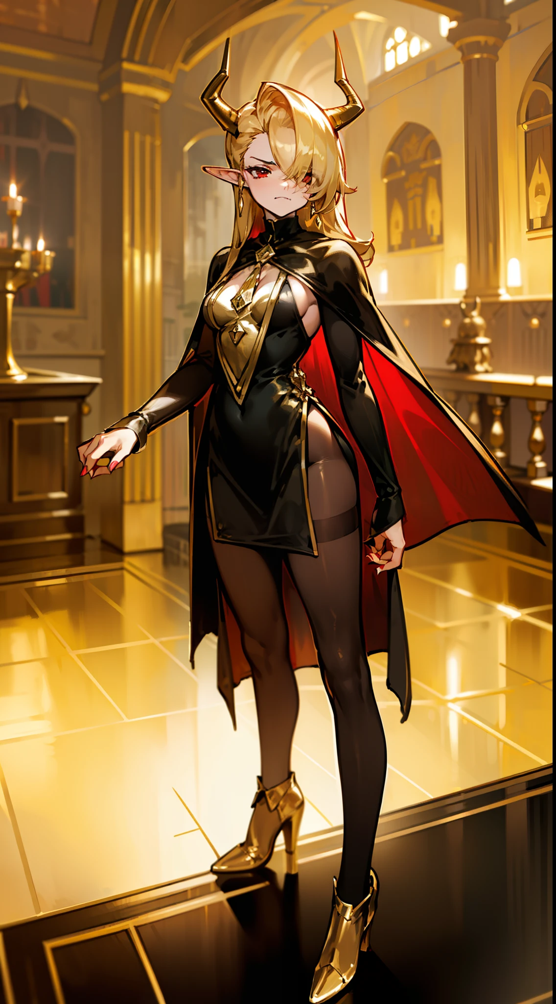 1woman,40s,solo,angry face,golden and black short dress,black skirt,medium tits,golden hair,long hair,red eyes,elves ears,golden horns,pantyhose,((cape)),hair over right eye,gold high heels,(((standing in front of a room inside a castle)))