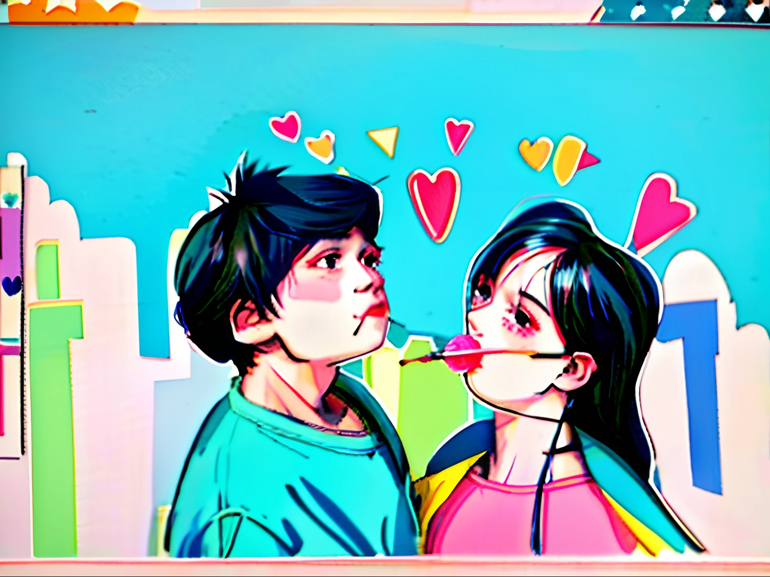 A lovely couple,Look at each other,The girl was eating a lollipop in her mouth,The boy was dressed in blue,The background is a lot of love,hyper-detailing,8k