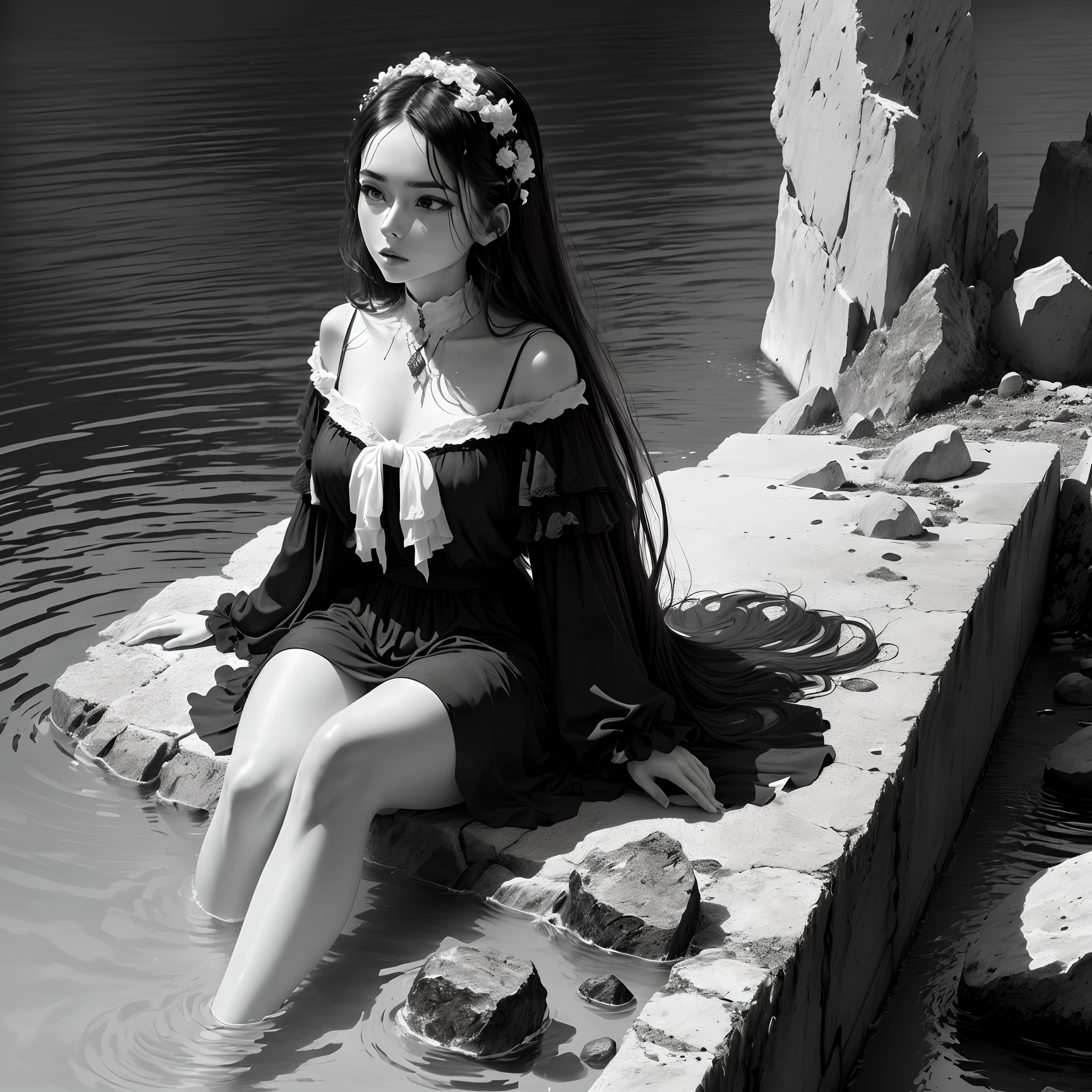 Color, (((black and white))), water, broken stone, man, woman, 8k, very high quality, precise details