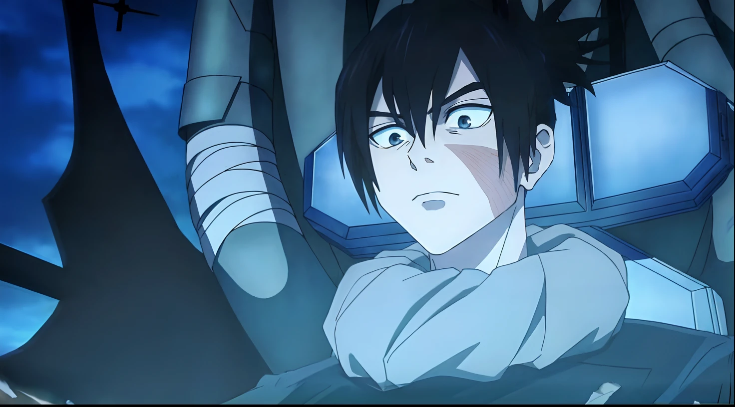 anime character with black hair and blue eyes in a dark room, okata kazuto, eren yeager, eren jaeger, kirito, shiro from deadman wonderland, ( ( ( yoshinari yoh ) ) ), in the anime film, in an anime, this character has cryokinesis, (attack on titans anime), in attack on titan