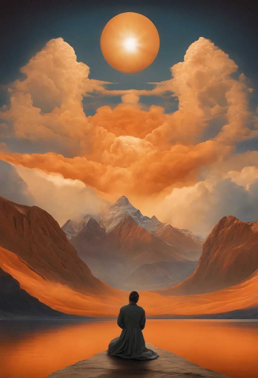 Angels without human feelings, the creator of the universe, mito, In the background of the image, Scene of the Tian Shan, orange clouds. The style of the image should be a caricature, With strong and eye-catching brushstrokes, As well as the mythology and angelic breath of the characters