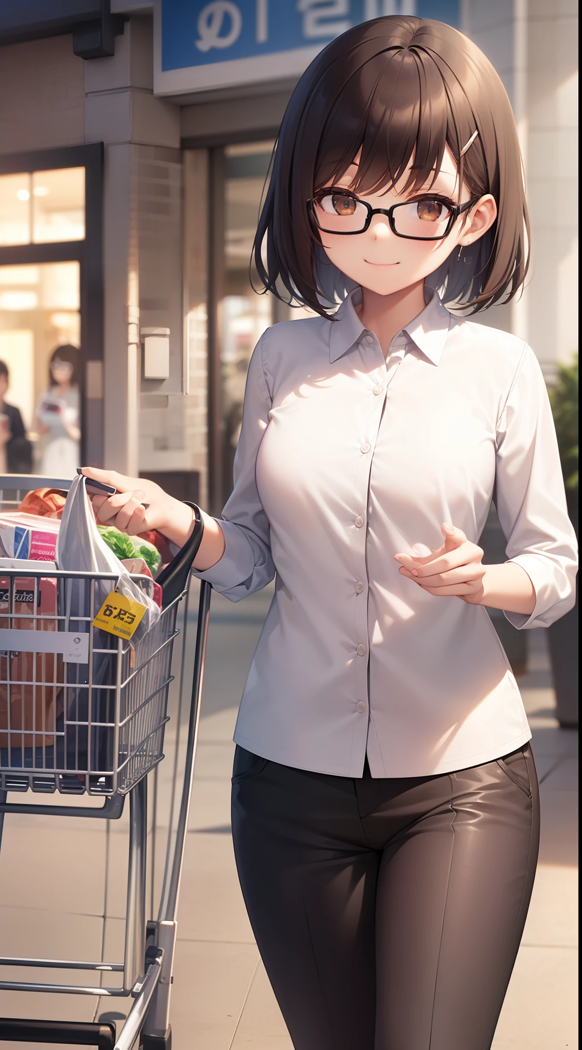 (masutepiece, Best Quality, Capture super cute moments, depth of fields, ultra-detailliert, Ultra High Resolution, C4D, Octadale, 3D Modeling, 8K, 16 K, one girls、a junior high school student、A dark-haired、short-hair、straight haired、Light brown eyes,hair adornments、wearing black glasses、A smile)、White Collar Cutter Shirt、pant suit、Shopping trolley、supermarket