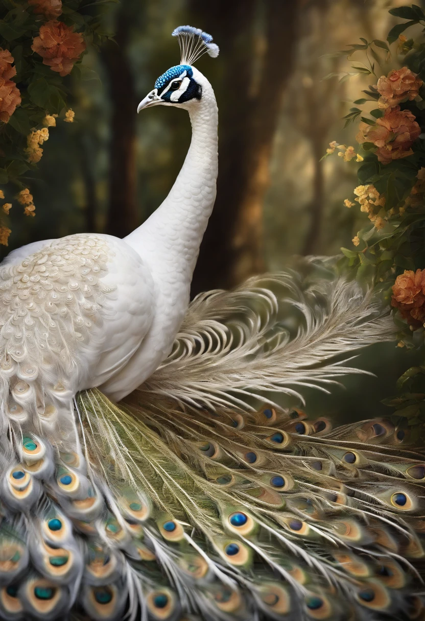 Best quality, Amazing artwork of beautiful white peacock, intricately details, (Best shadow), elegant, voluminetric lighting