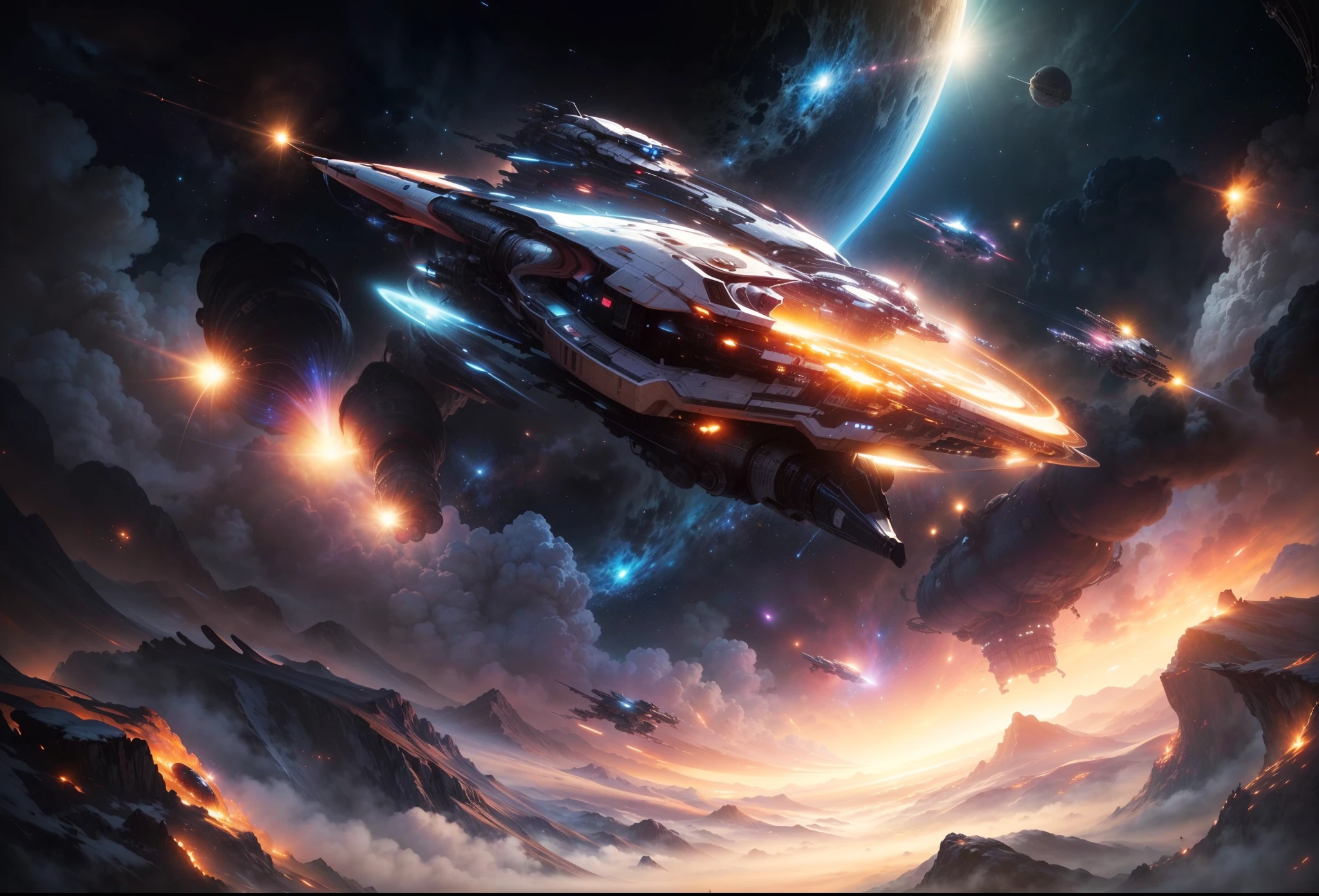 The spacecraft flies over the space station in a colorful sky, alien spaceship, Beautiful sci-fi art, spaceship in the sky, Sci-fi fantasy wallpaper, spaceship in the sky, spaceships in the cloudy sky, spaceships flying, spaceships flying above, epic fantasy sci fi illustration, spaceships flying around, Sci-fi fantasy desktop wallpaper, sci-fi artwork