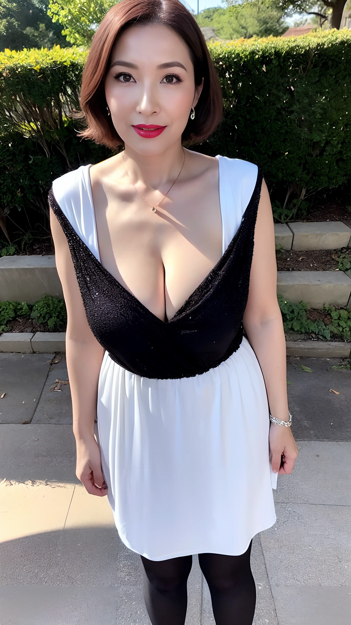 (fullbody:1.3), (extreme beauty), (fat evil goddess), intaglio, Best quality, Ultra-detailed, Photorealistic, Super detailed skin, Perfect anatomy, (1 Japanese mature female), (Solo), 65 years old, Big breasts, Mature female politician, carismatic, A sexy, Chromo-white skin, view the viewer, middle aged women,(No cleavage),upper legs, Makeup, (Lipstick: 1.1), (Eyeliner: 1.2), Mascara, Eyeshadow, Wavy Hair, Room, Outdoors, Earrings, necklace, (wearing a glittery evening dress, black pantyhose), Wrinkles at the corners of the eyes, Oral wrinkles,