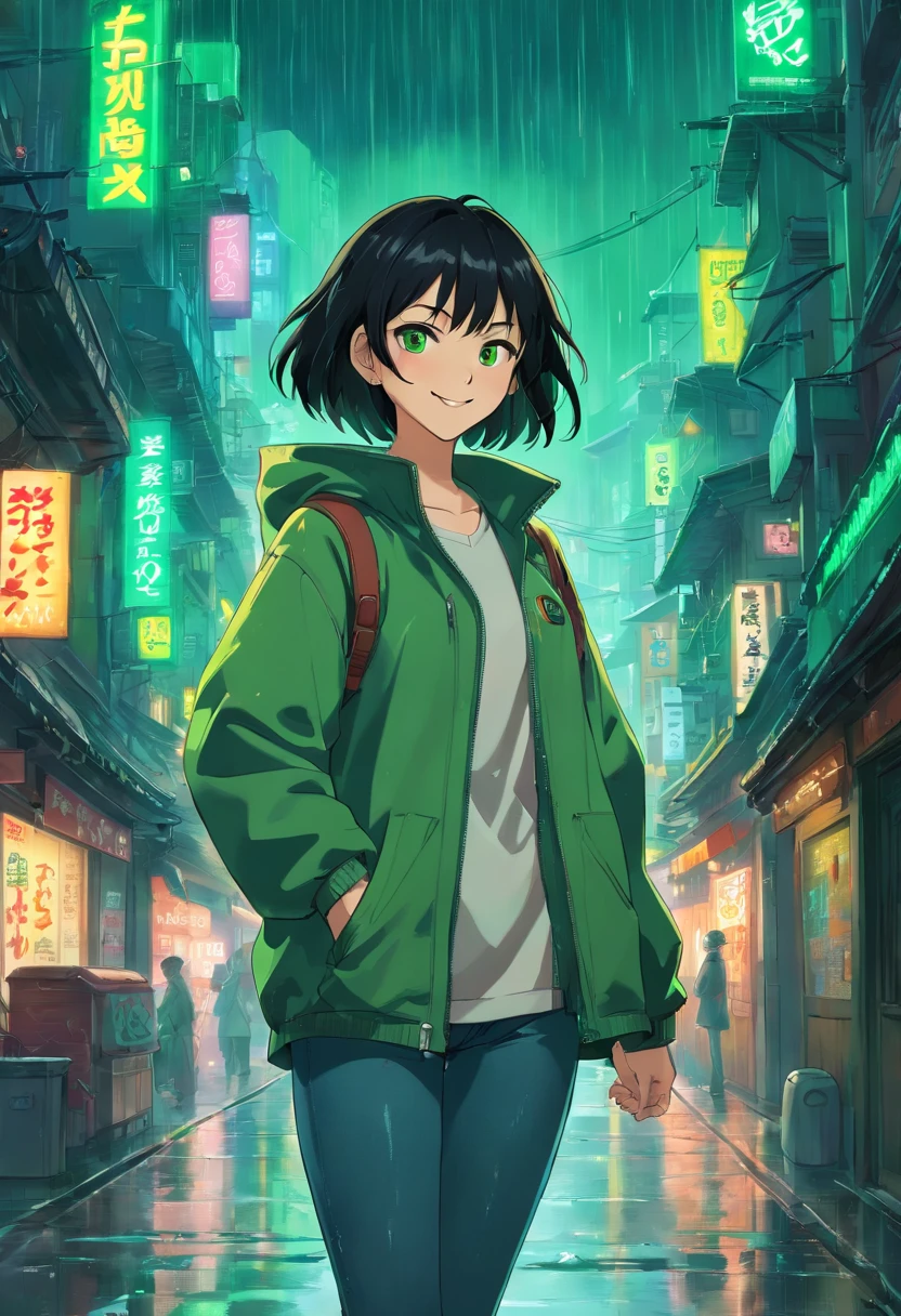 1girl in, (masutepiece), Black hair, Short hair, Green eyes, green coat, Black jeans, Smile, Cyberpunk City, Rain