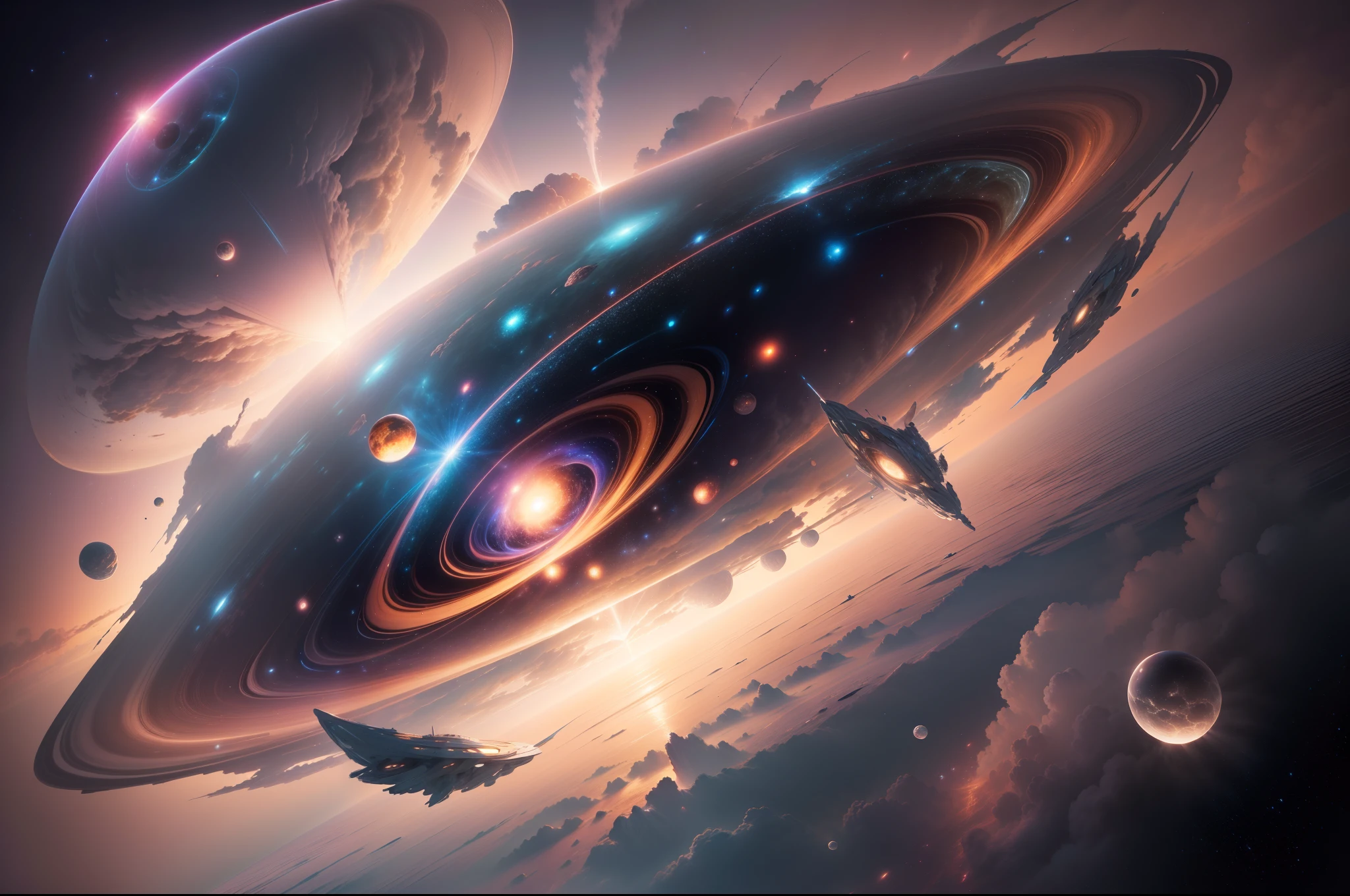 (Delicate and beautiful CG artwork),(Best quality, Ultra detail, high resolution),(Dynamic Angle, Dynamic lighting),A starship,In the vastness of the universe,Get ready to go through a space wormhole,Achieve interstellarism